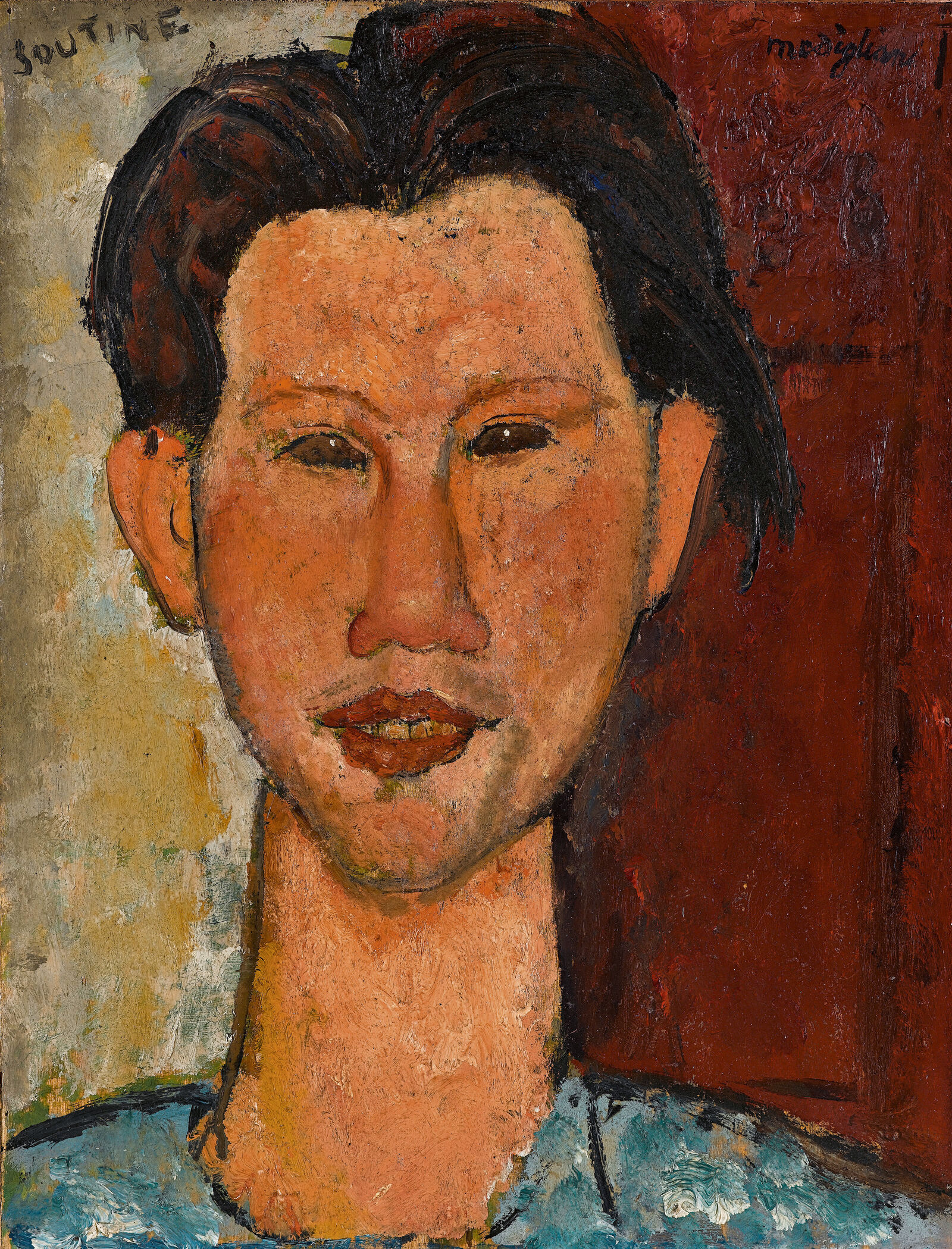 Wenige Maler haben ihr künstlerisches Umfeld so ausgiebig porträtiert wie Modigliani. Den zehn Jahre jüngeren Chaïm Soutine aus dem damals russischen Belarus hält er gleich dreimal fest. Die beiden sind sich vom ersten Moment an sympathisch. Das mag auch mit den gemeinsamen jüdischen Wurzeln zu tun haben. Soutine wirkt auf dem kleinen Bildnis von 1915 hellwach und jungenhaft frech. 