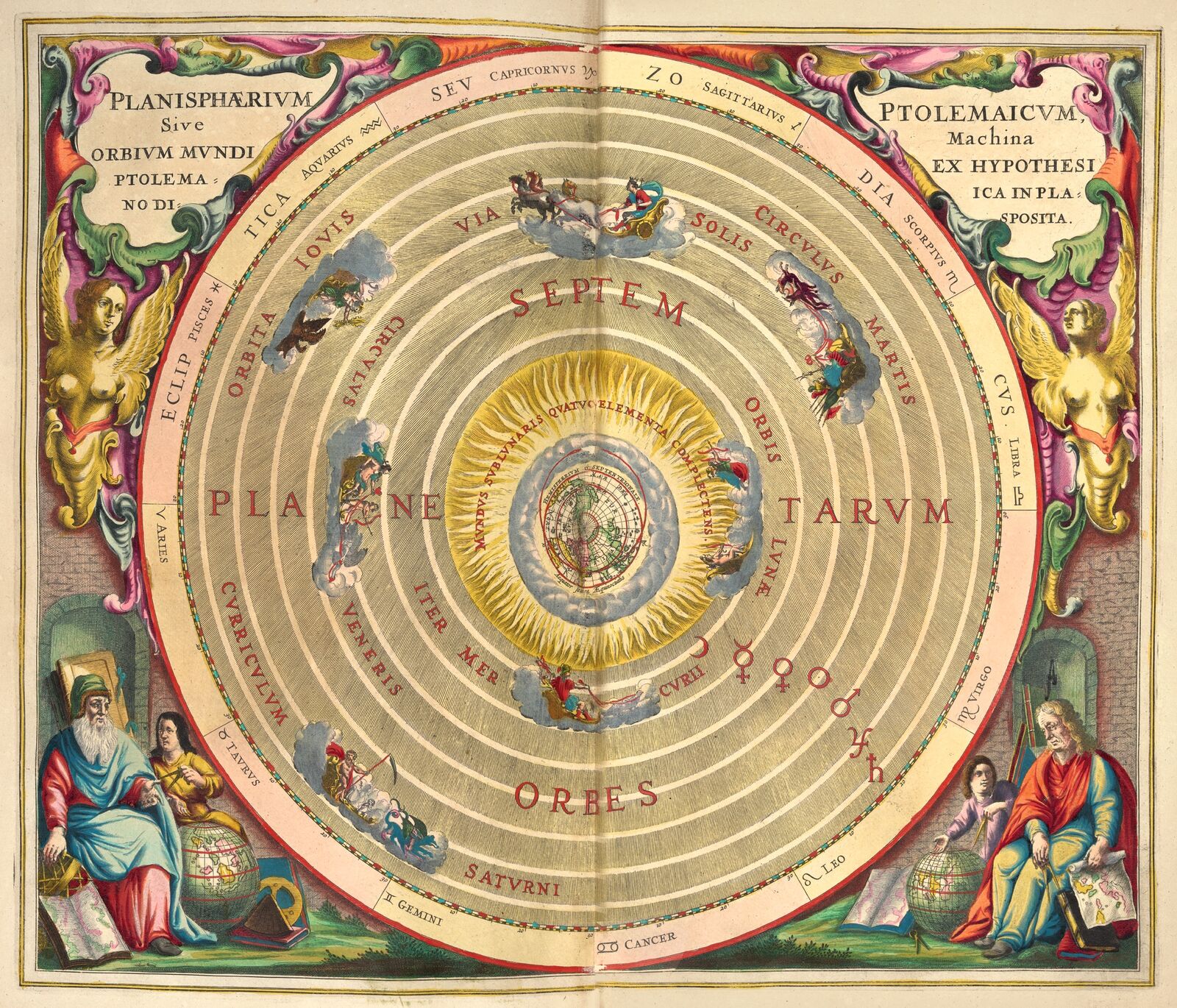 Zwei Kupferstiche, zwei Weltanschauungen: Claudius Ptolemäus vertrat das geozentrische Weltbild. Demnach steht die Erde im Mittelpunkt des Universums. 