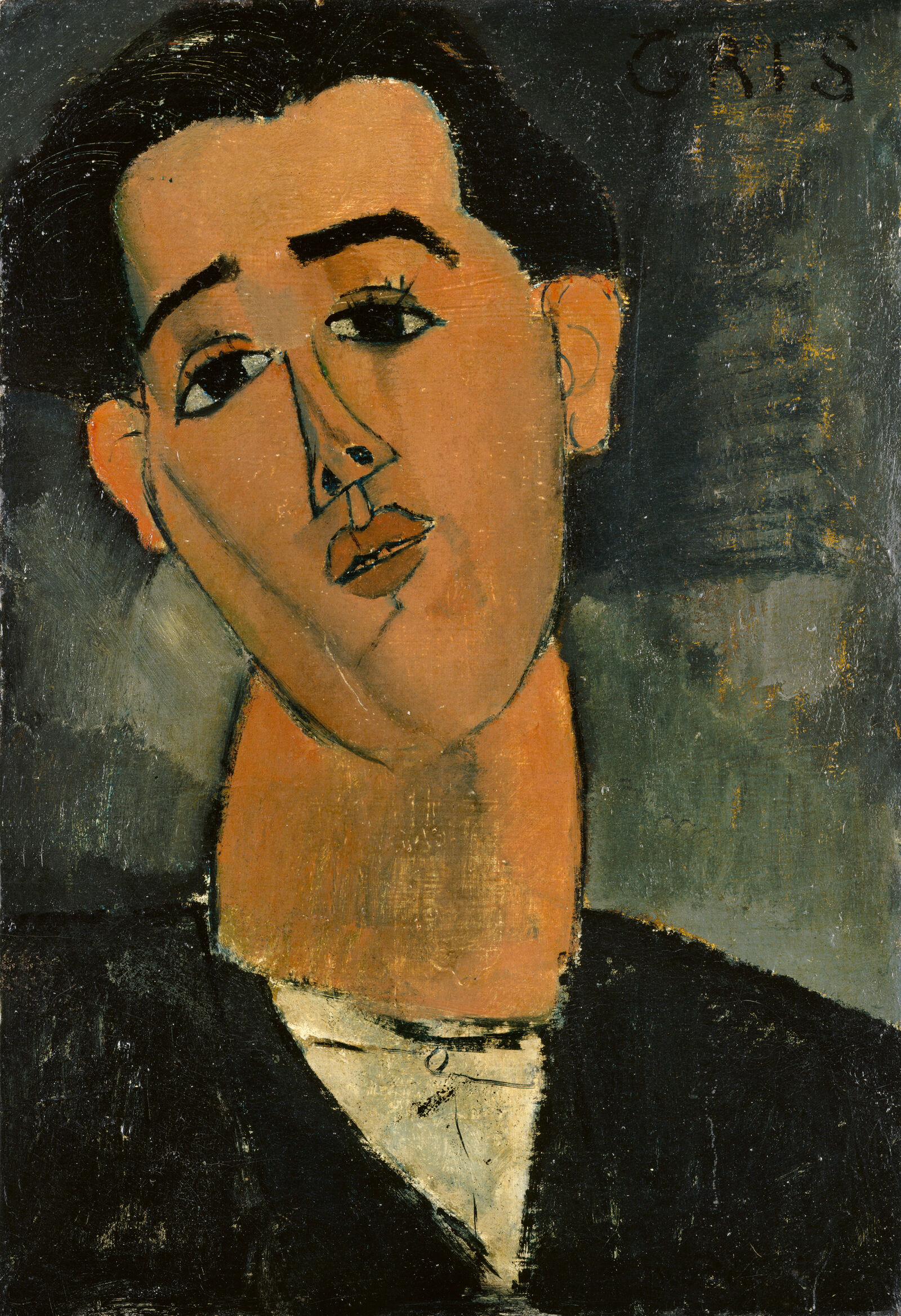Der Spanier Juan Gris war wie Modigliani 1906 nach Paris gekommen. Mit Pablo Picasso und Georges Braque entwickelt er den synthetischen Kubismus, der Modigliani allenfalls formale Anregungen liefert. Durch seinen geneigten Kopf, die langen Wimpern und feinen Gesichtszüge wirkt Gris auf dem Porträt von 1915 überraschend feminin und wie ein Pendant zu Modiglianis modernen Frauen mit kurzem Haar.