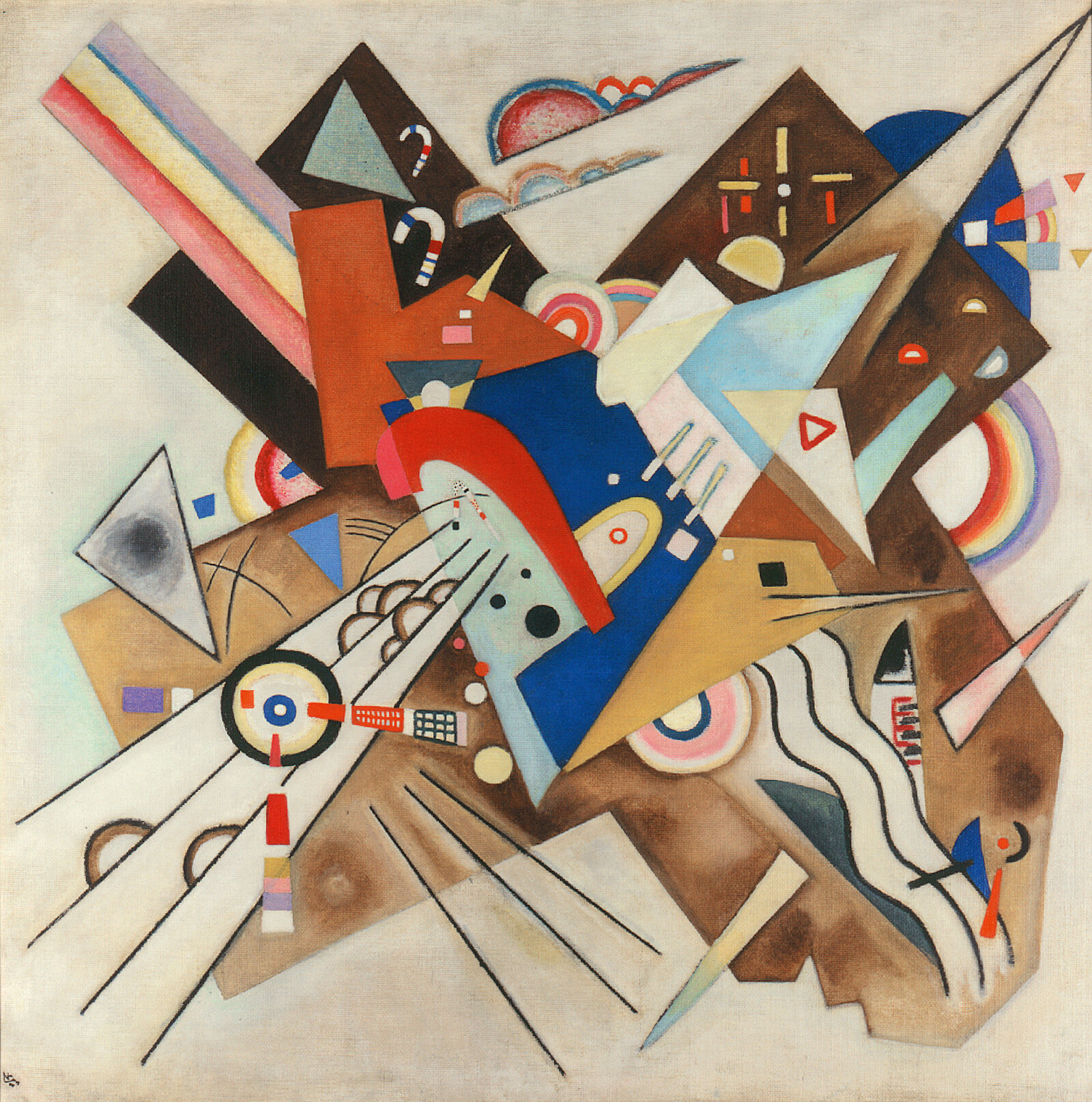 Kandinsky war der Ansicht, Farben seien aufgrund ihres inneren „Klangs“ dazu veranlagt, bestimmte Formen anzunehmen: Gelb korreliere mit spitzem Winkel und Dreieck, Rot mit rechtem Winkel und Viereck, Blau mit stumpfem Winkel und Kreis.