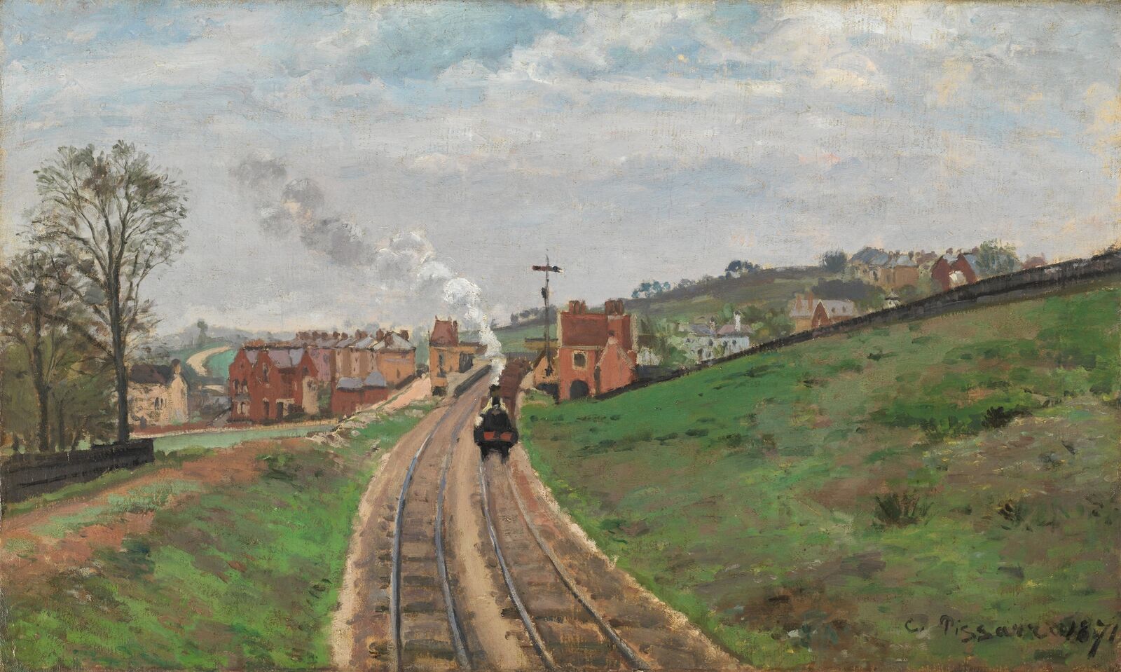 In this first Impressionist painting of a railroad, Pissarro shows a train leaving the suburban station of Dulwich near London.