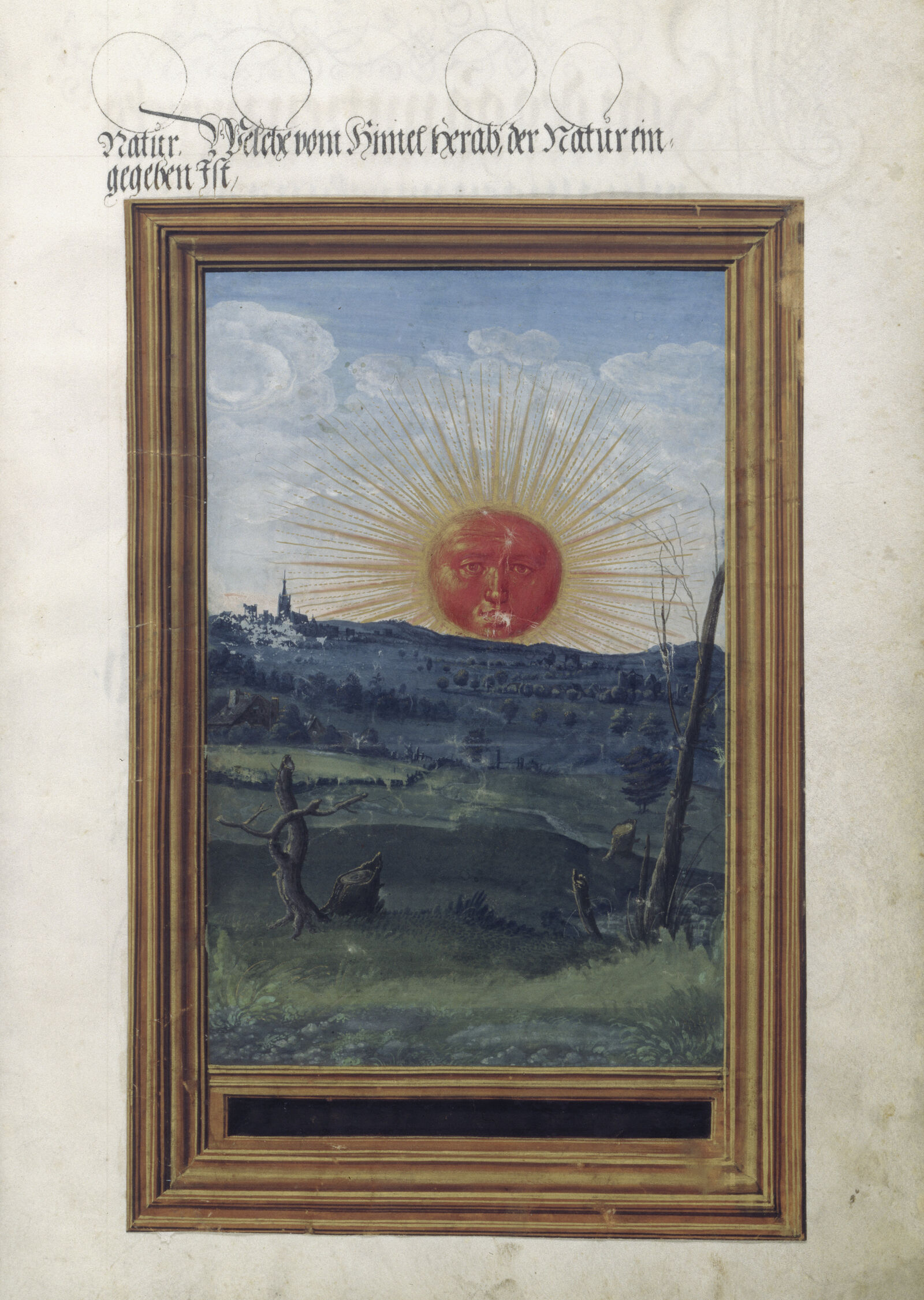 Das Gesicht einer riesigen, tiefstehenden Sonne glüht über der Landschaft. Das Deckfarbenbild illustriert ein alchimistisches Traktat vom Stein der Weisen mit dem Titel „Splendor Solis“, Sonnenglanz. Diese 1532 fertiggestellte Handschrift gilt als älteste erhaltene Ausgabe des einflussreichen Texts. 