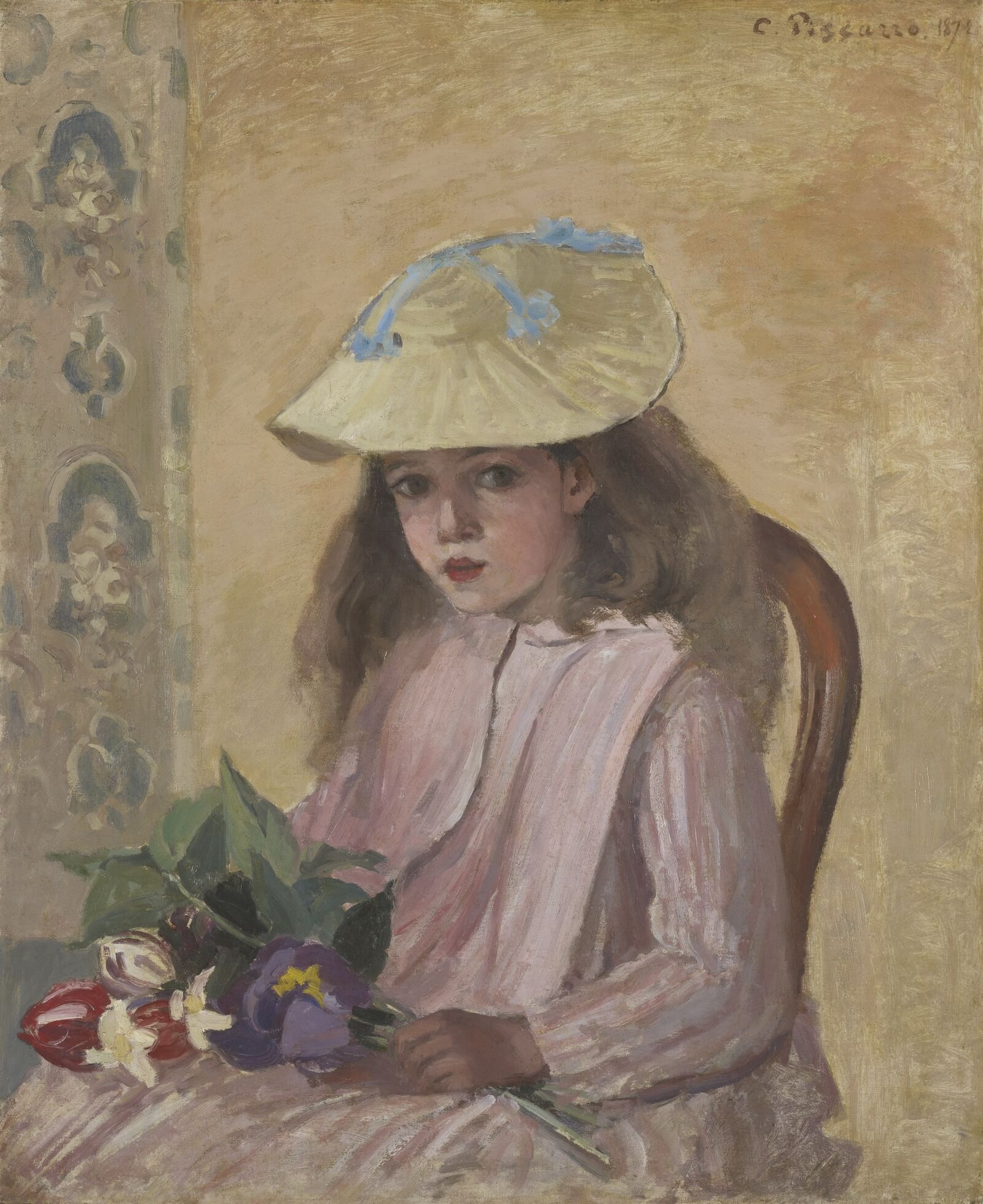 The painter sensitively portrays his little daughter Jeanne, known as Minette, wearing a pink dress . . .