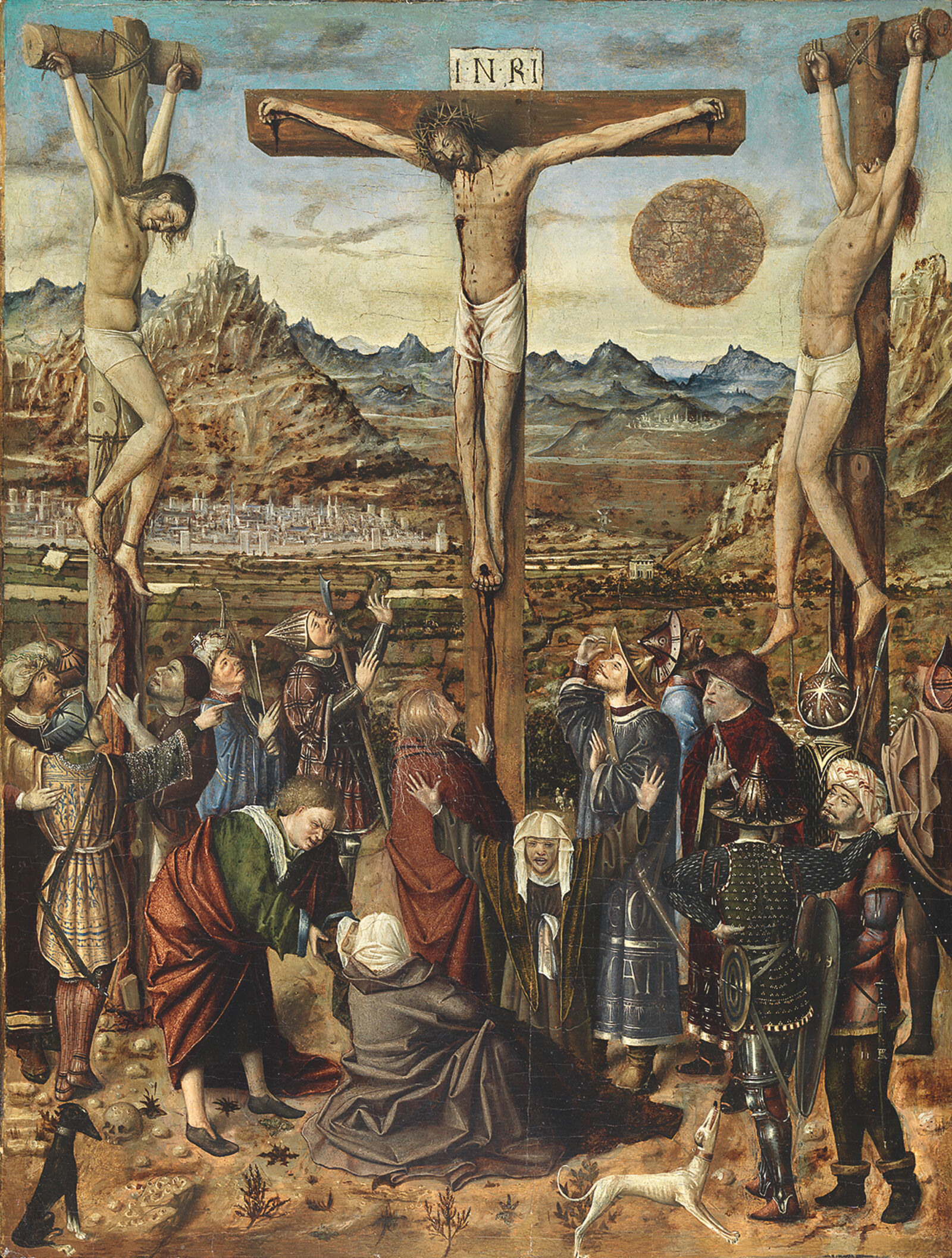 Der unbekannte Meister hat die Sonne als dunkelgoldene Scheibe tief am Himmel platziert. Auch sie ist Zeuge des Geschehens.