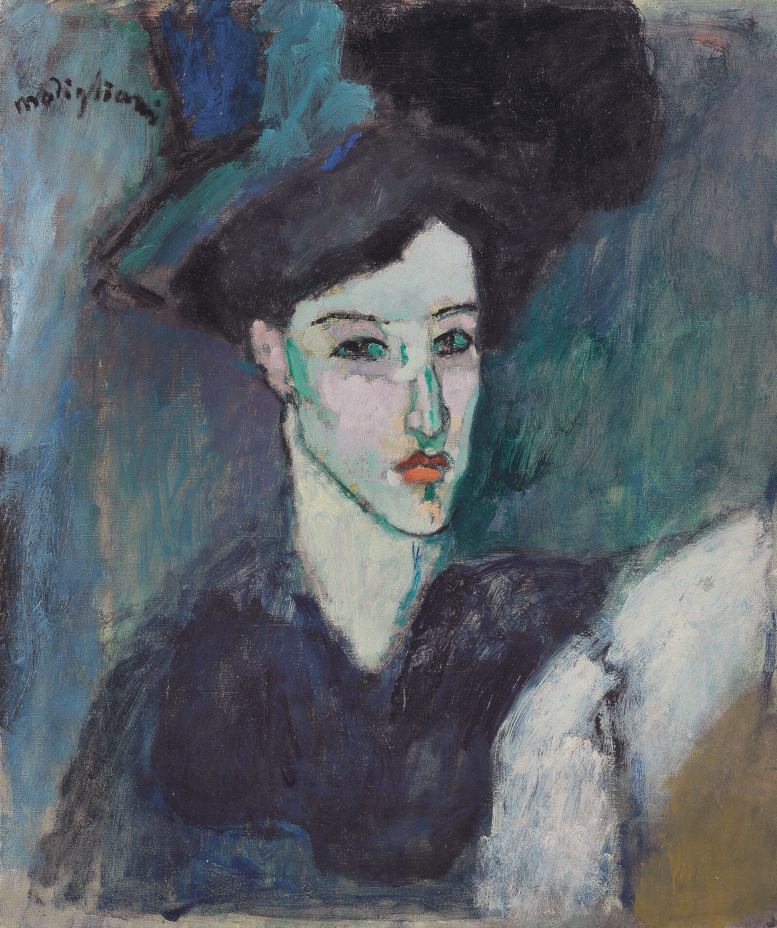 Der vom Künstler gewählte Titel Die Jüdin ist programmatisch: Amedeo Modigliani
kam aus einem Elternhaus liberaler sephardischer Juden. Auch wenn er die Religion nicht lebte, bekannte er sich zu seiner Herkunft und verband mit ihr die Weltoffenheit seiner Heimatstadt Livorno. Das blaudominierte Werk orientiert sich an Picassos Arbeiten aus der Blauen Periode.