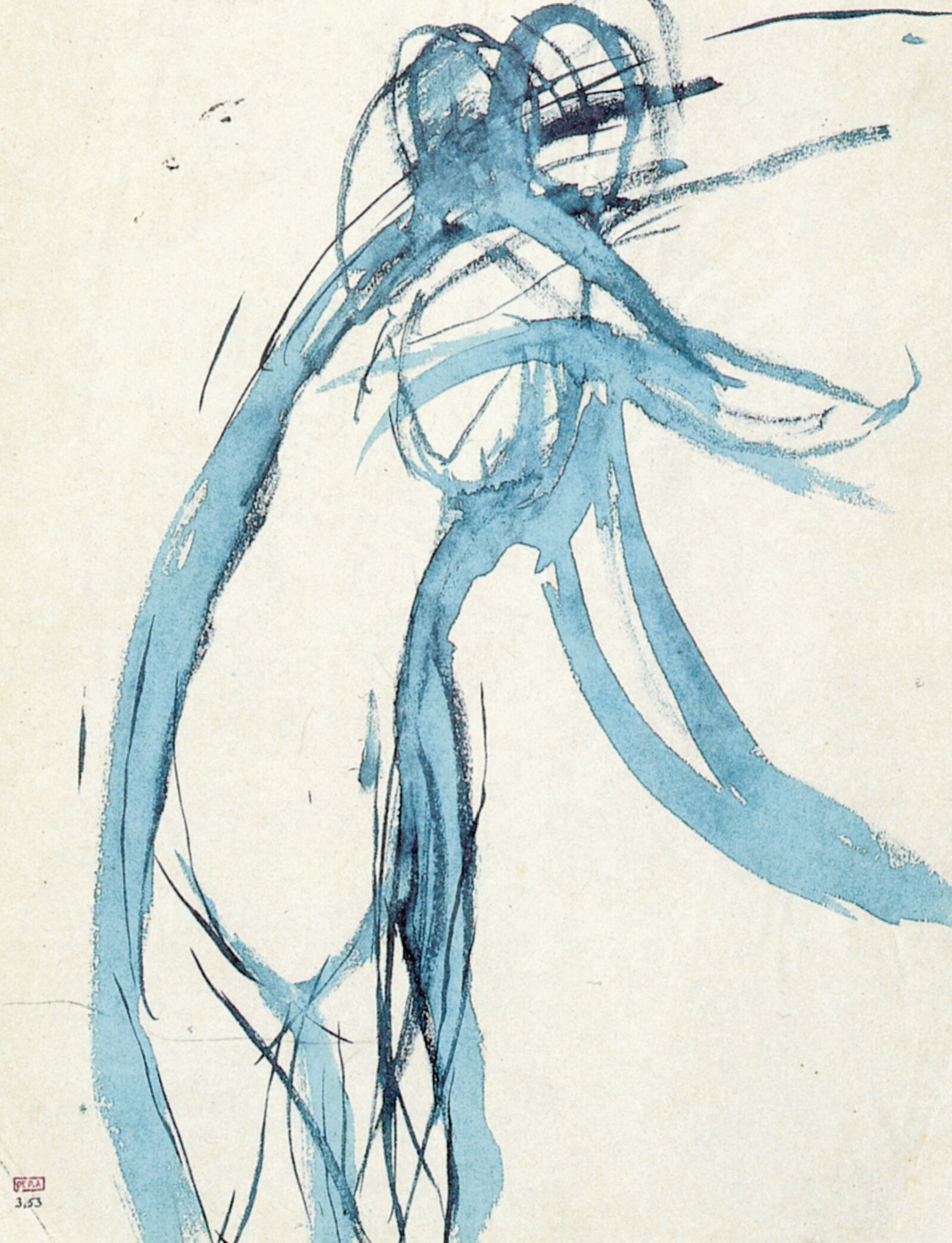 Die Skizze in blauer Tusche zeigt einen schmalen Frauenkörper, dessen Bewegung unmittelbar erfasst ist und darin den Aquarellen des Bildhauers Auguste Rodin ähnelt. 