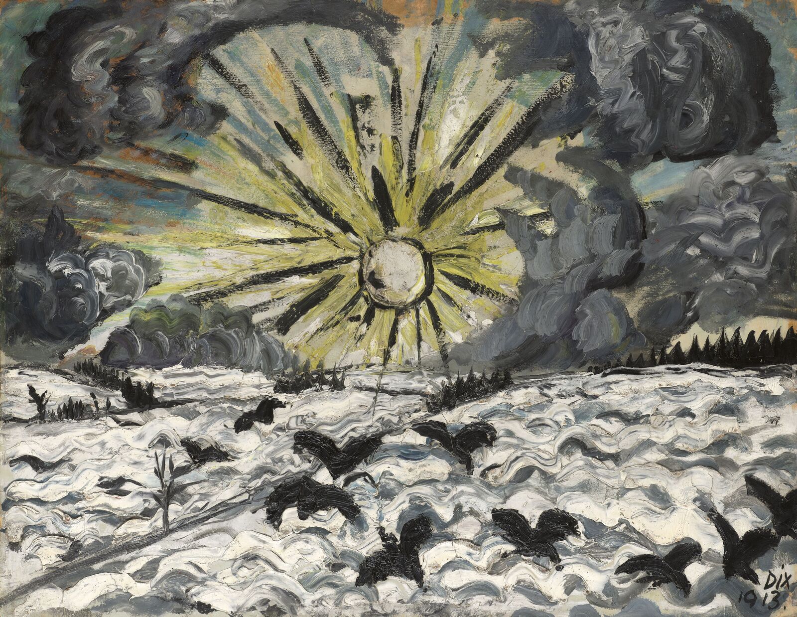 Das fahle Gelb der Sonne bringt keine Wärme in die nächtliche Szenerie. Über der winterlich kahlen Landschaft kreisen Krähen. Eine bedrohlich-düstere Stimmung macht sich breit.