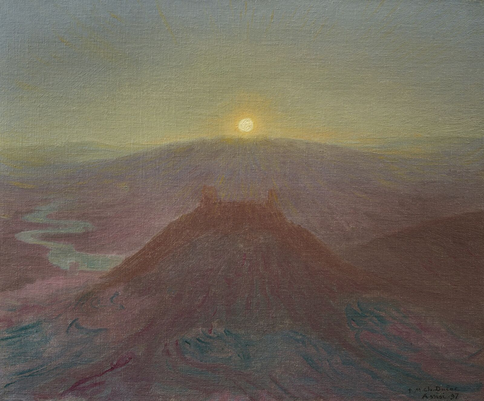 Assisi war Geburtsort und Grablege des Franziskus. Charles-Marie Dulac malte die italienische Stadt in der Hügellandschaft Umbriens mit Blick auf die Bergkette des Apennins. Der französische Künstler drückte seine religiöse Ergriffenheit aus, indem er den täglichen Sonnenaufgang und -untergang festhielt. 