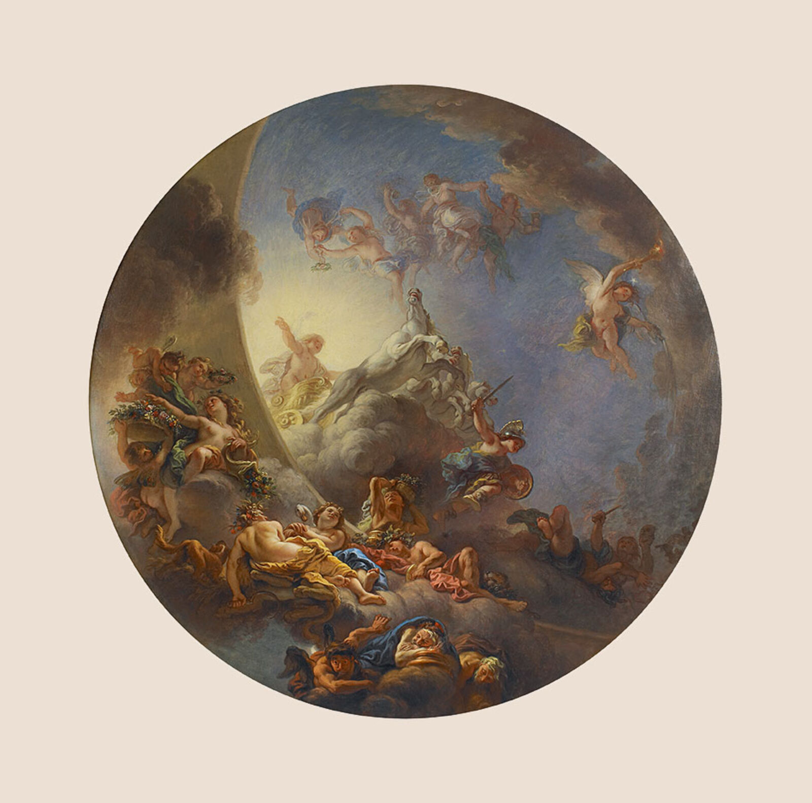 Das Viergespann jagt im vollen Lauf über den Himmel. Der Barockmaler Charles de la Fosse zeigt die Szene virtuos in Untersicht. Auch bei ihm sind die vier Pferde der Quadriga Schimmel.