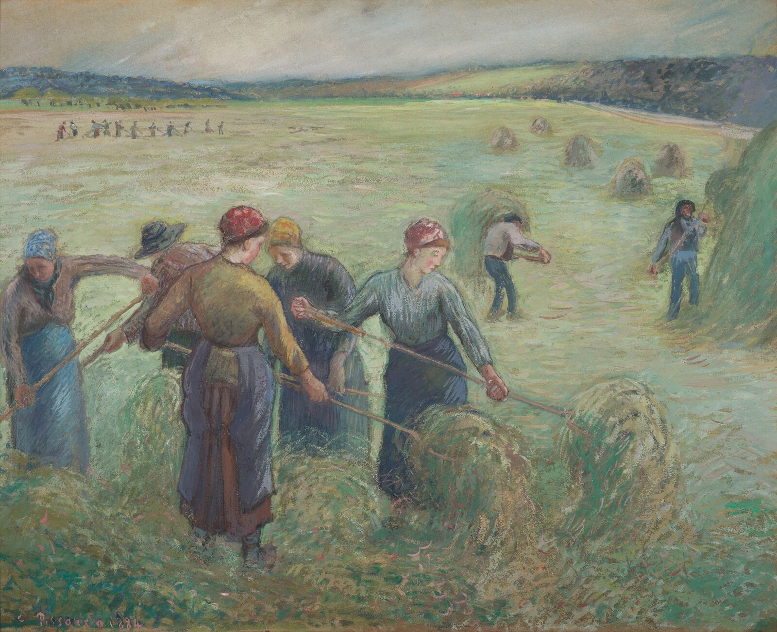  In chalk pastels and watercolor, the artist captured peasant women making hay, embedded in greenery. 
