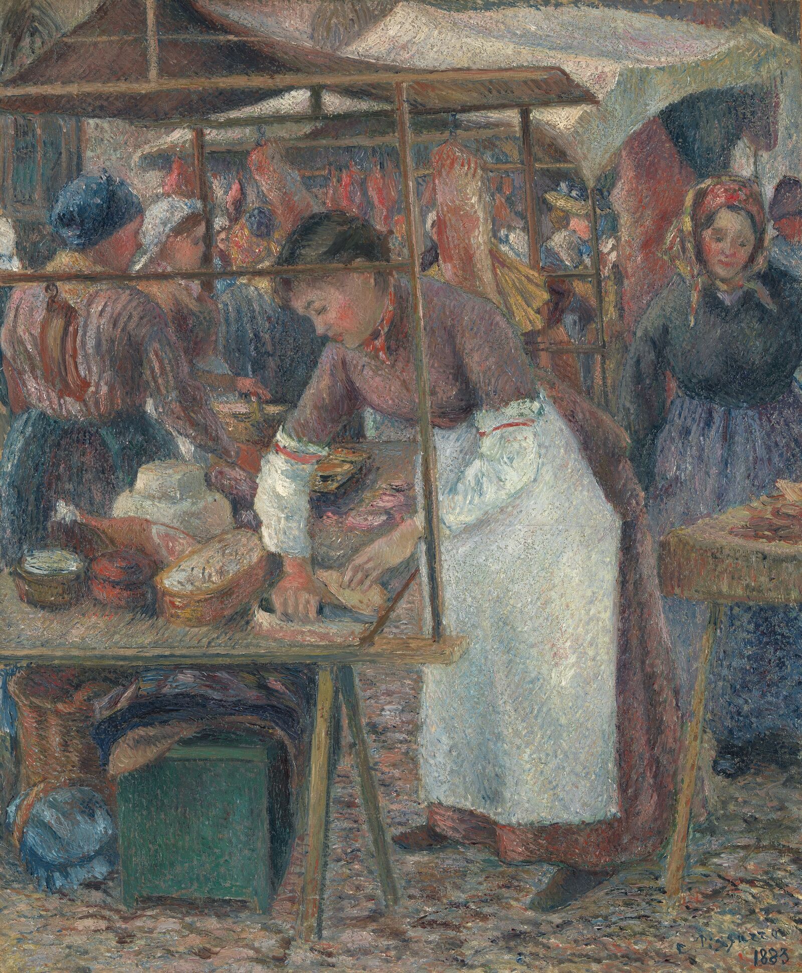 Women at work: a young butcher woman in a white apron arranges her market stall.