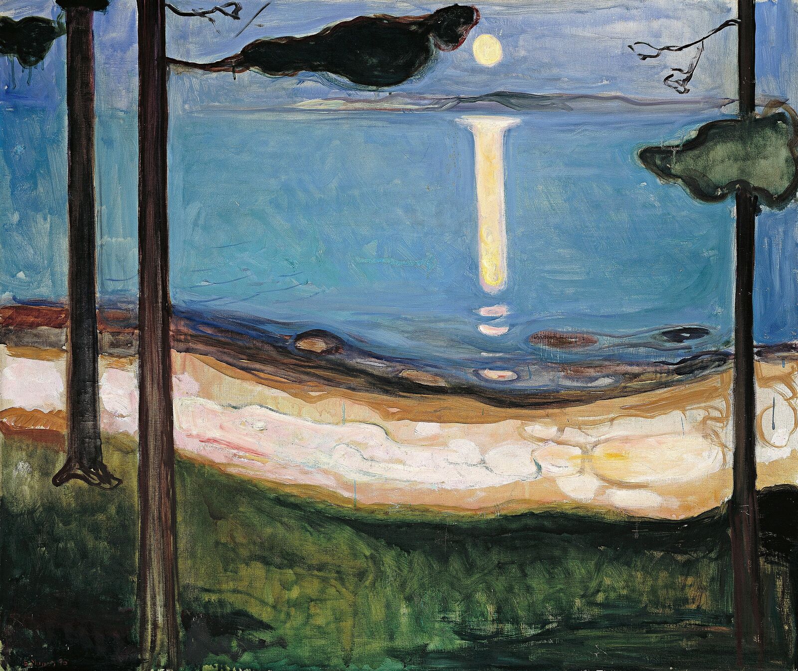 Menschenleere Sommernacht – oder ergibt sich im Zusammenspiel aus Küste, Mond und Lichtspiegelung doch eine menschliche Figur?