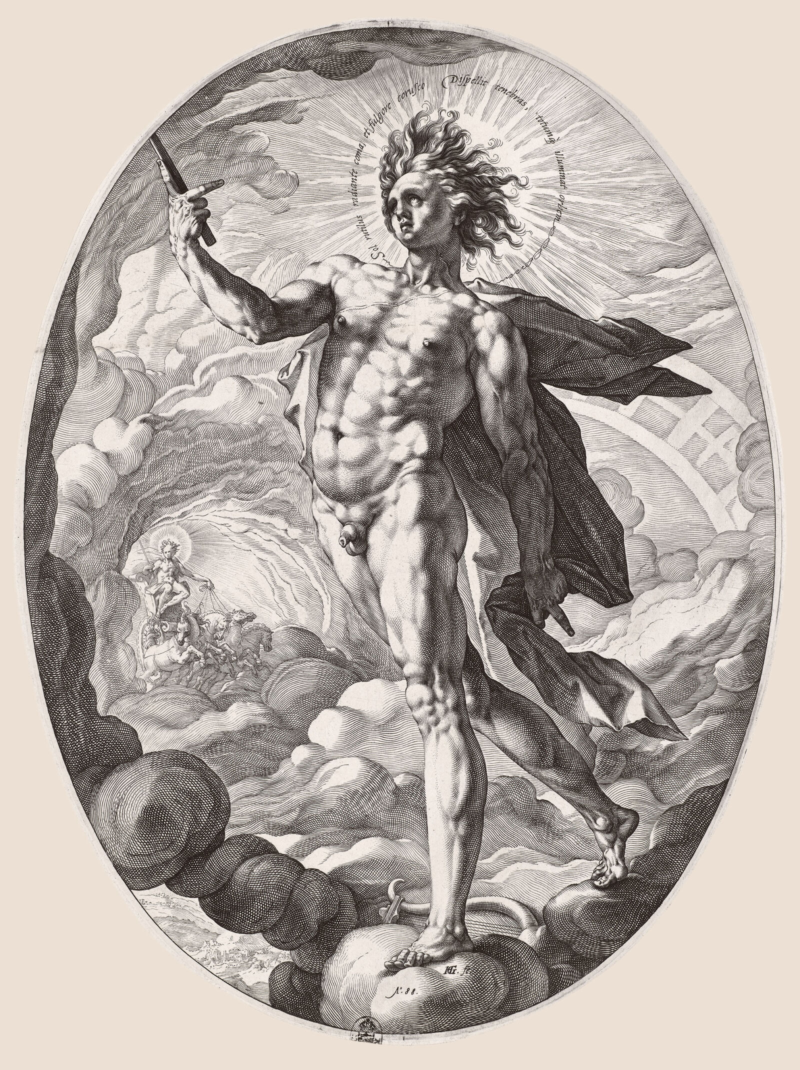 Dynamic and fleet of foot, the sun god strides across the clouds. A lyre at his feet alludes to the musical gifts possessed by this bringer of light.