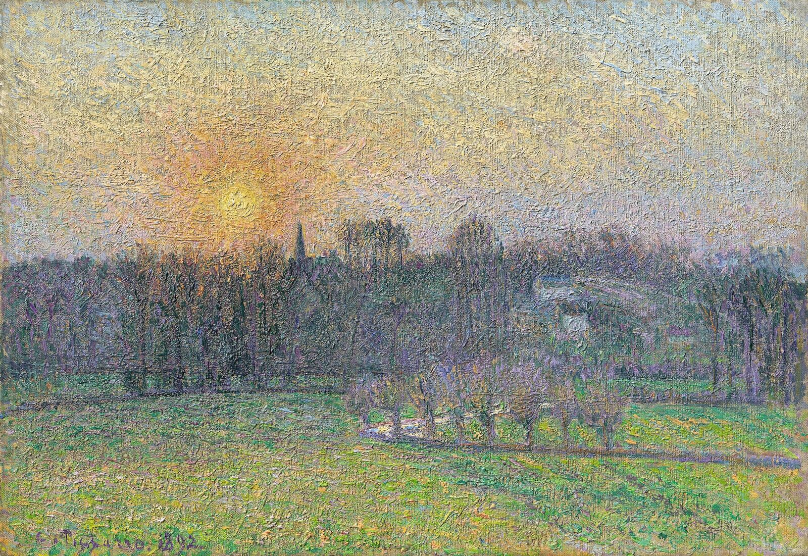  Pissarro increasingly simplifies and condenses the motif into broad zones of color. 
