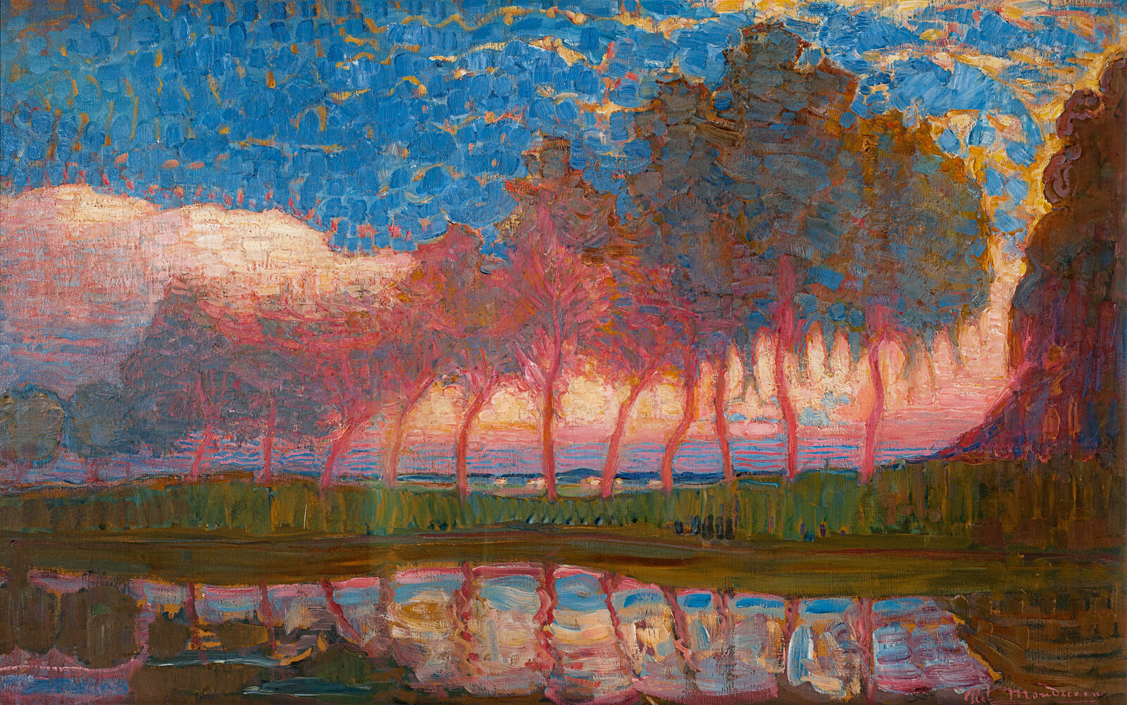 The flaming orange-red poplars in the center stand out against the clear blue sky, conveying the feeling of a radiant Dutch sunset.