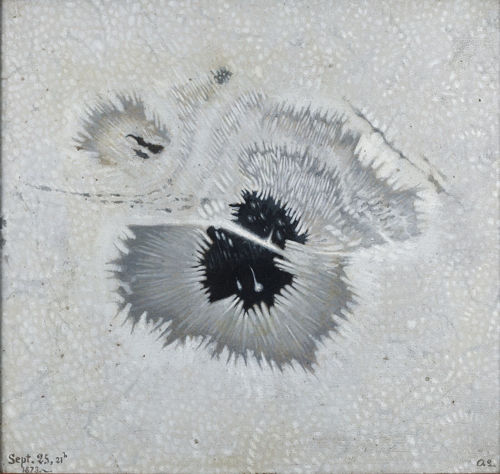 Hier steht der wissenschaftliche Anspruch im Vordergrund. Das mit Wasserfarben gearbeitete Blatt stammt von dem Astronomen Wilhelm Oswald Lohse. Er arbeitete im Astrophysikalischen Observatorium Potsdam.