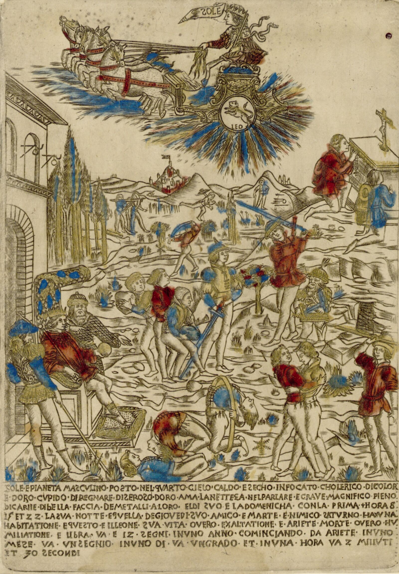 Auf dem kolorierten Kupferstich aus Florenz fährt der Sonnengott Sol im Triumphwagen über den Himmel. Wie sich sein Einfluss auf die Menschen auswirkt, führen sinnbildlich die sogenannten „Planetenkinder“ in der unteren Bildzone vor. 