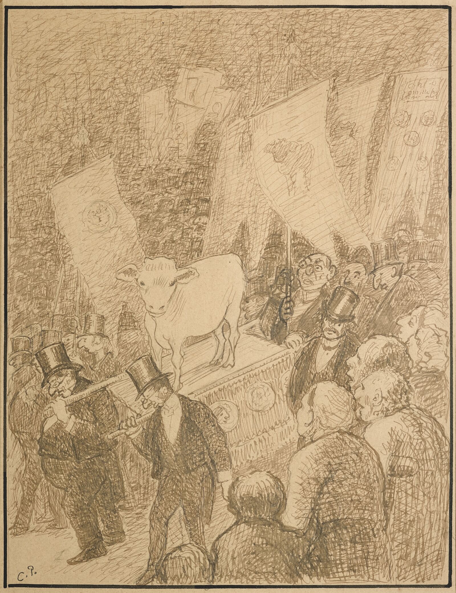  The idolatry of capitalism: in a reference to the biblical story, corpulent men in suits venerate the Golden Calf. 
