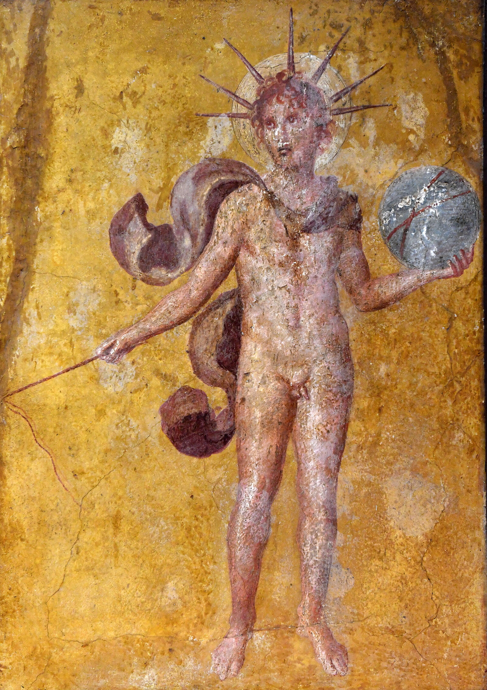 The standing figure of Sol comes from a fresco in Pompeii. The youthful god is shown nude, gazing into the distance. It is one of the oldest surviving images of the sun god on Italian soil.