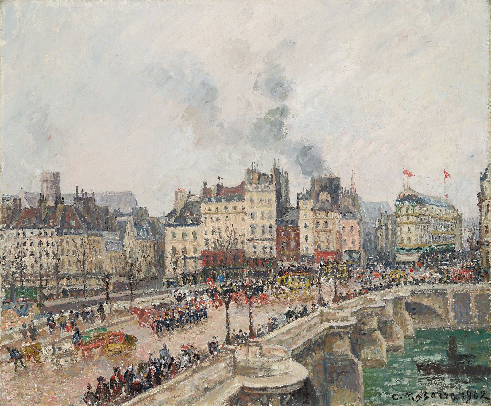  Carriages rattle by, mingling with horse-drawn omnibuses laden with passengers and pedestrians on the sidewalk. 
