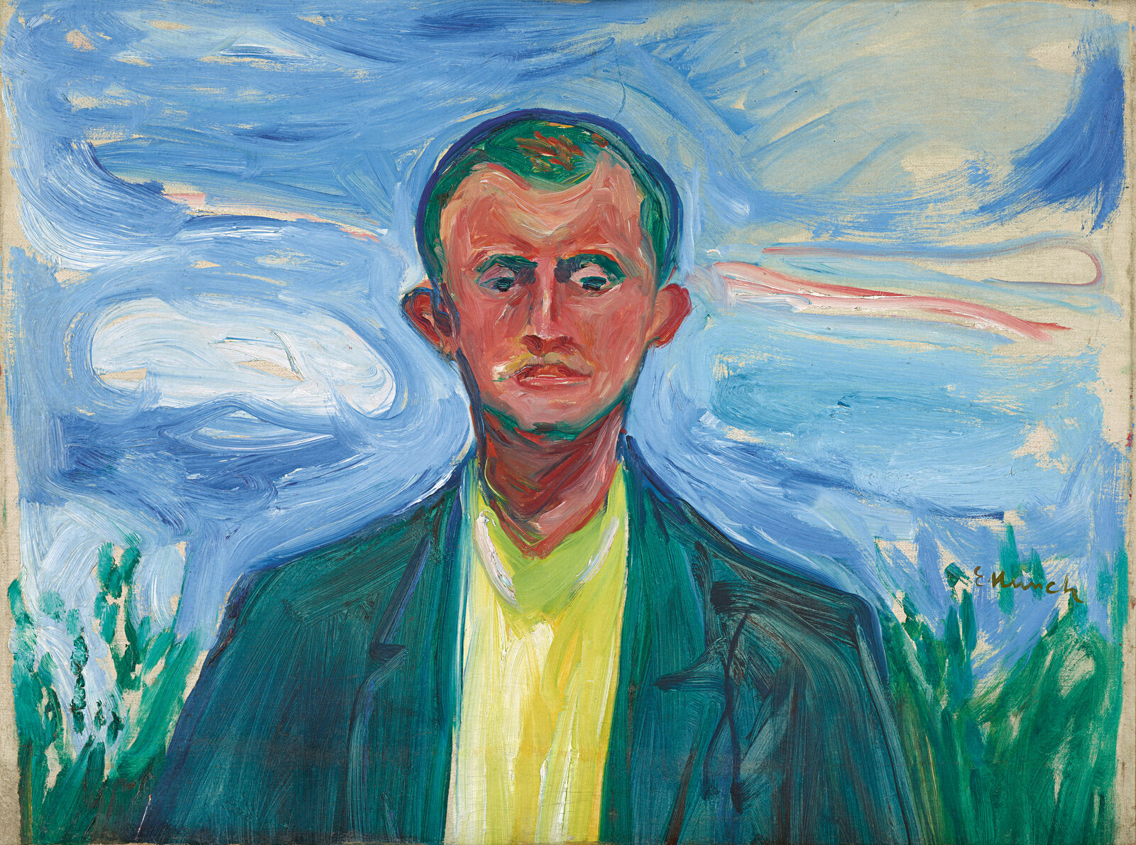 Für Selbstbildnis vor blauem Himmel malte sich Munch als Teil der Natur. Der expressive Himmel scheint dabei das Innenleben des Malers auszudrücken.