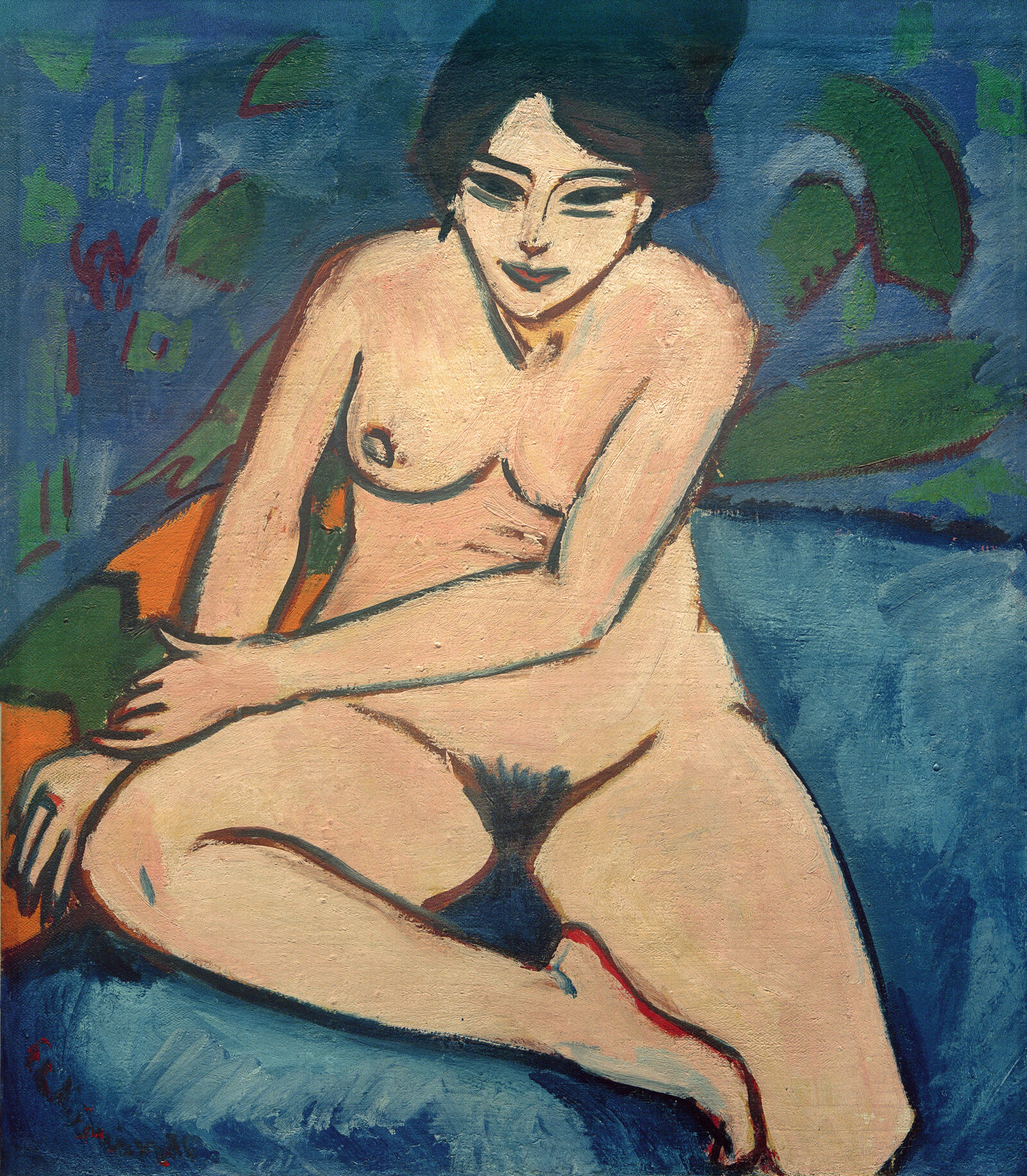 Ernst Ludwig Kirchners Akt auf blauem Grund aus dem Jahr 1911 weist Parallelen zu den sitzenden Akten Modiglianis auf ...