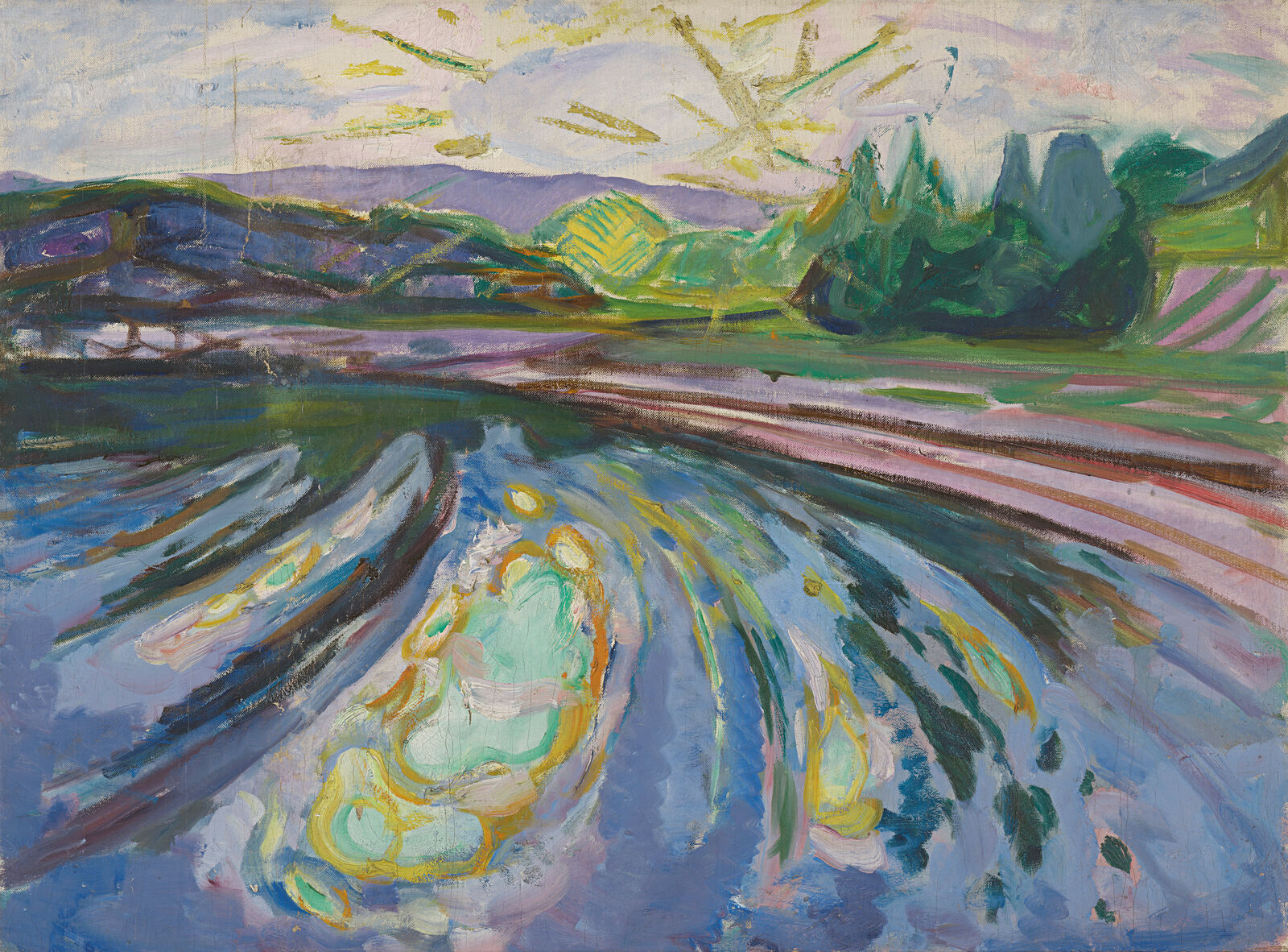 Zwei Hauptmotive von Munch: geschwungene Küstenlinien und Lichtspiegelungen.