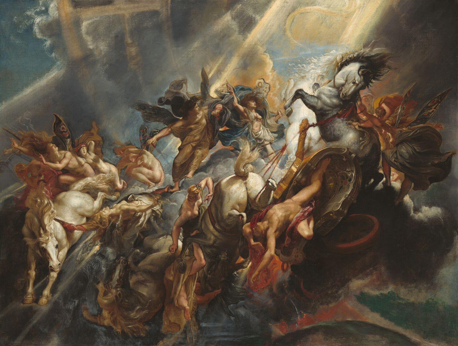 Im großen Leinwandformat zeigt der herausragende Barockmaler Peter Paul Rubens den dramatischen Höhepunkt des Phaëton-Mythos. Gleißende Lichtstrahlen veranschaulichen, wie Göttervater Jupiter die schlingernde Irrfahrt des Sonnenwagens stoppt. 