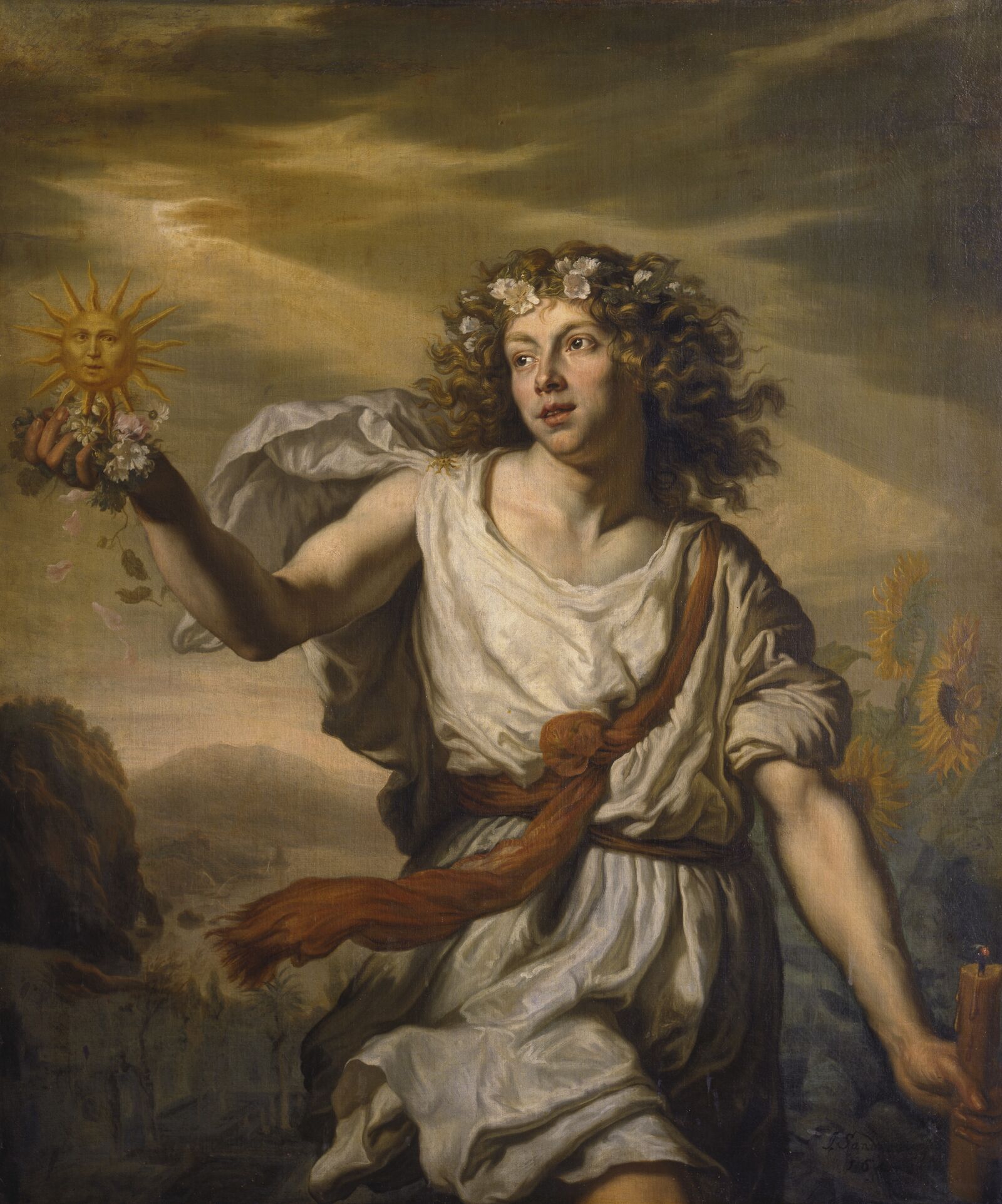 Federnd leicht naht der „Tag“, hier verkörpert als Jüngling mit Lockenhaar. Das Sonnengesicht hält er in der erhobenen Hand. Der deutsche Maler und Kunstschriftsteller Joachim von Sandrart schuf das Ölgemälde für einen barocken Festsaal.
