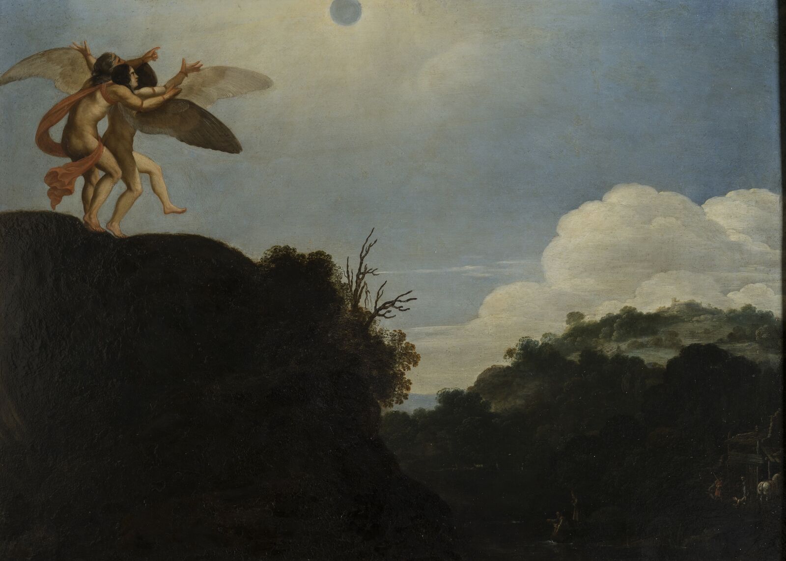 Carlo Saraceni tells the story of Icarus in a dramatic series of three scenes. In the first image, the architect and inventor Daedalus stands at the edge of a cliff with his son Icarus. Their wings, ingeniously fashioned of feathers and wax, will permit them to them escape from the island of Crete. Icarus longs to rise toward the sun, while his father warns him against its burning rays.