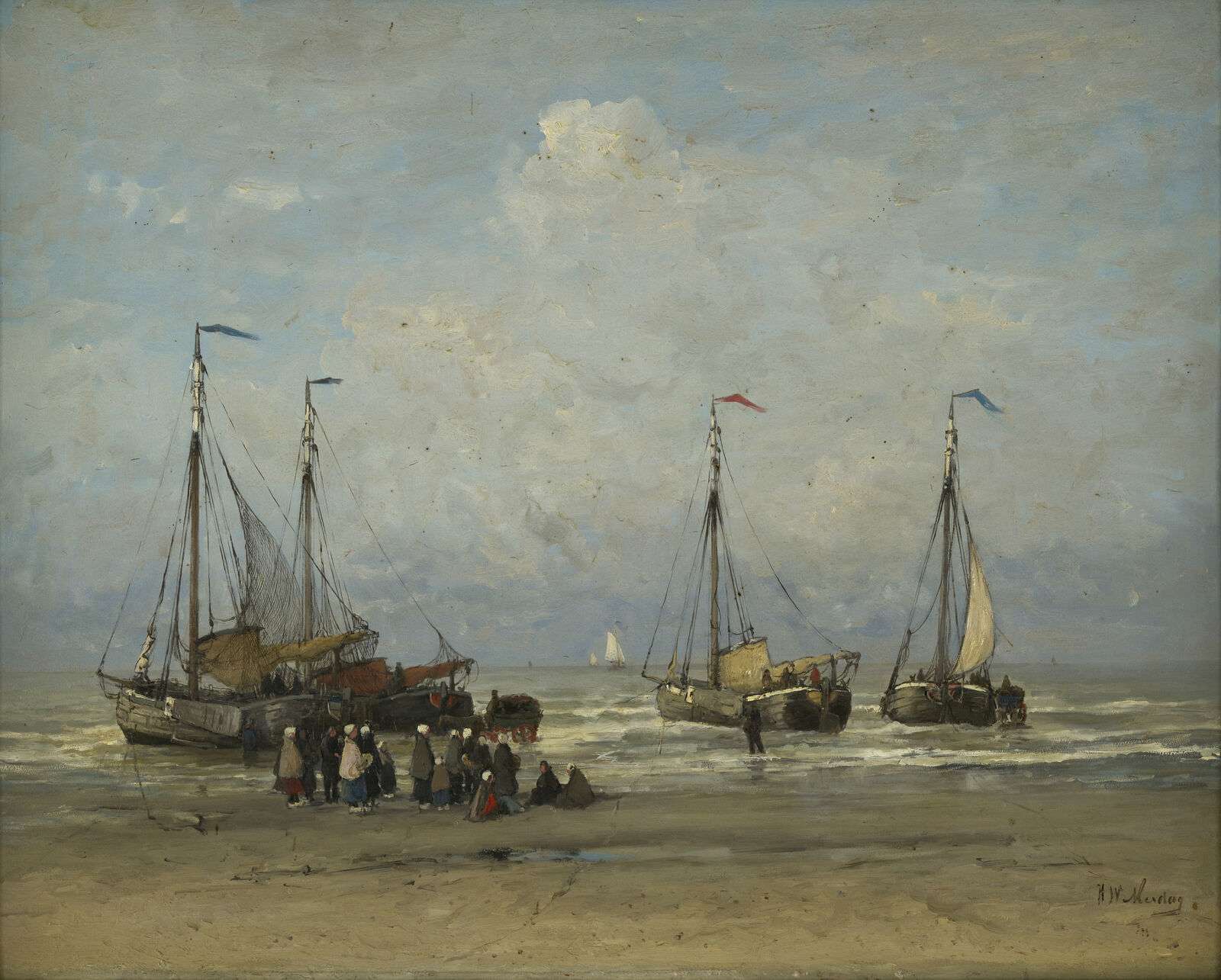 The white bonnets of the women of Scheveningen glow like points of light. Mesdag’s marine painting was highly sought-after, both in Holland and abroad.
