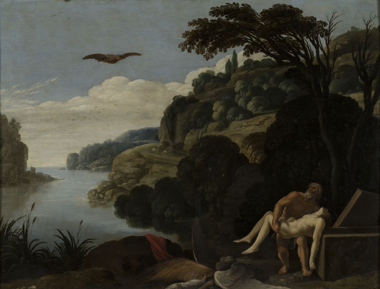 The third image in this series of paintings on copper plates shows the tragic conclusion of Icarus’s flight. Daedalus bears his fallen son to the tomb. The glowing sun, a striking presence in both of the other scenes, has now disappeared.