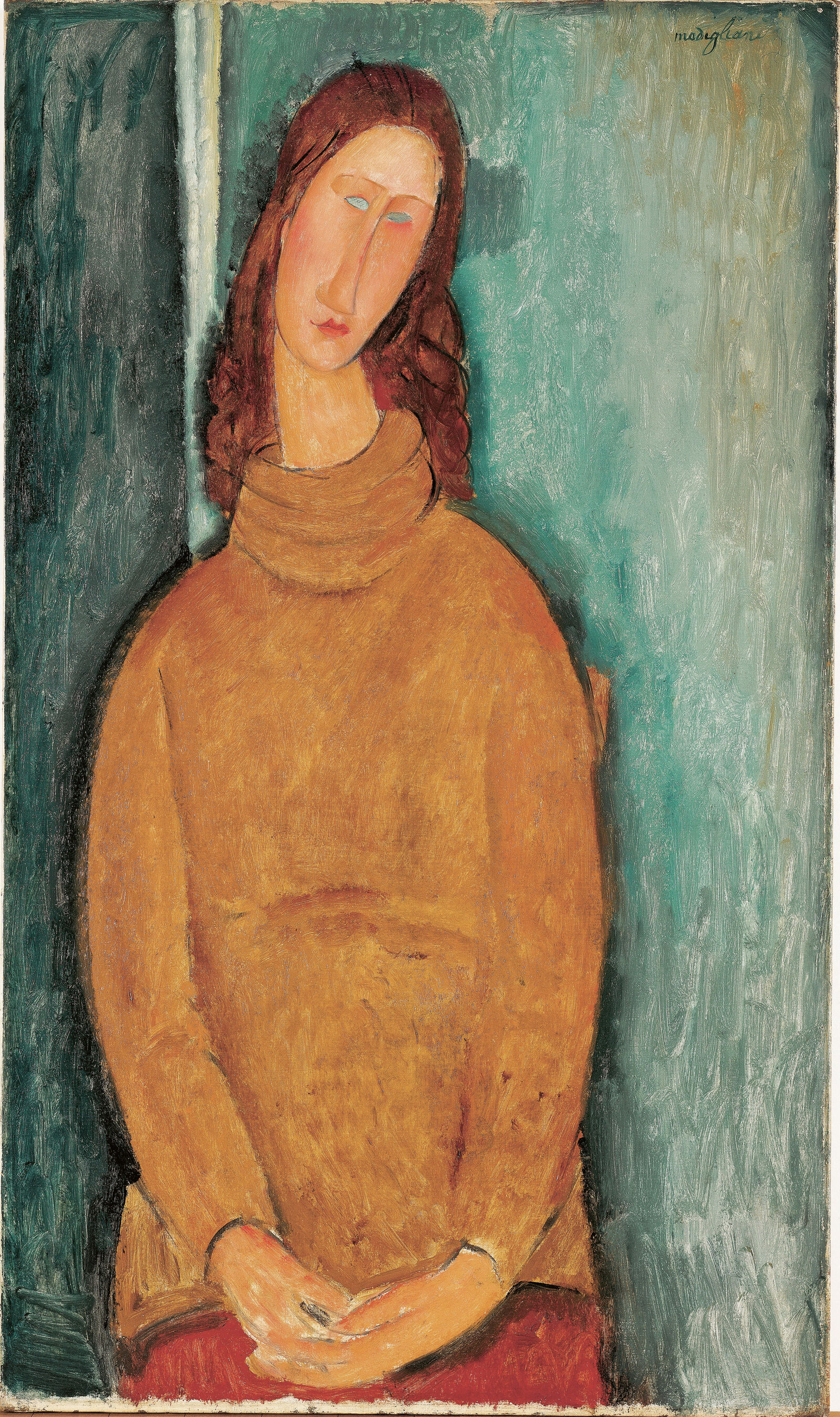 Jeannes kupferrotes Haar schmiegt sich wie ein Madonnenschleier um ihr geneigtes Gesicht, die hellblauen Augen blicken ins Leere. Modigliani stellt seine Gefährtin nie in Männerkleidung dar wie die zahlreichen femme garçonnes in seinem Werk. Ihr legerer Rollkragenpullover lässt dagegen an eine Studentin der 1960er oder 70er-Jahre denken. 