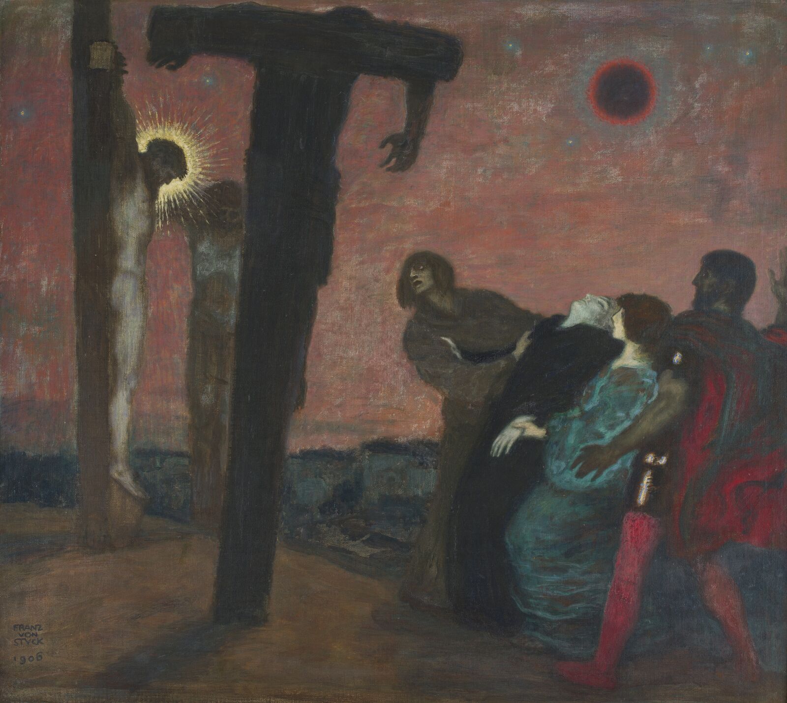 Der leuchtende Nimbus des Gekreuzigten überstrahlt die in düsteren Tönen gehaltene Szenerie. Der symbolistische Maler Franz von Stuck verstärkt die unheimliche Atmosphäre in seiner ungewöhnlichen Schilderung des schrecklichen Todes am Kreuz.
