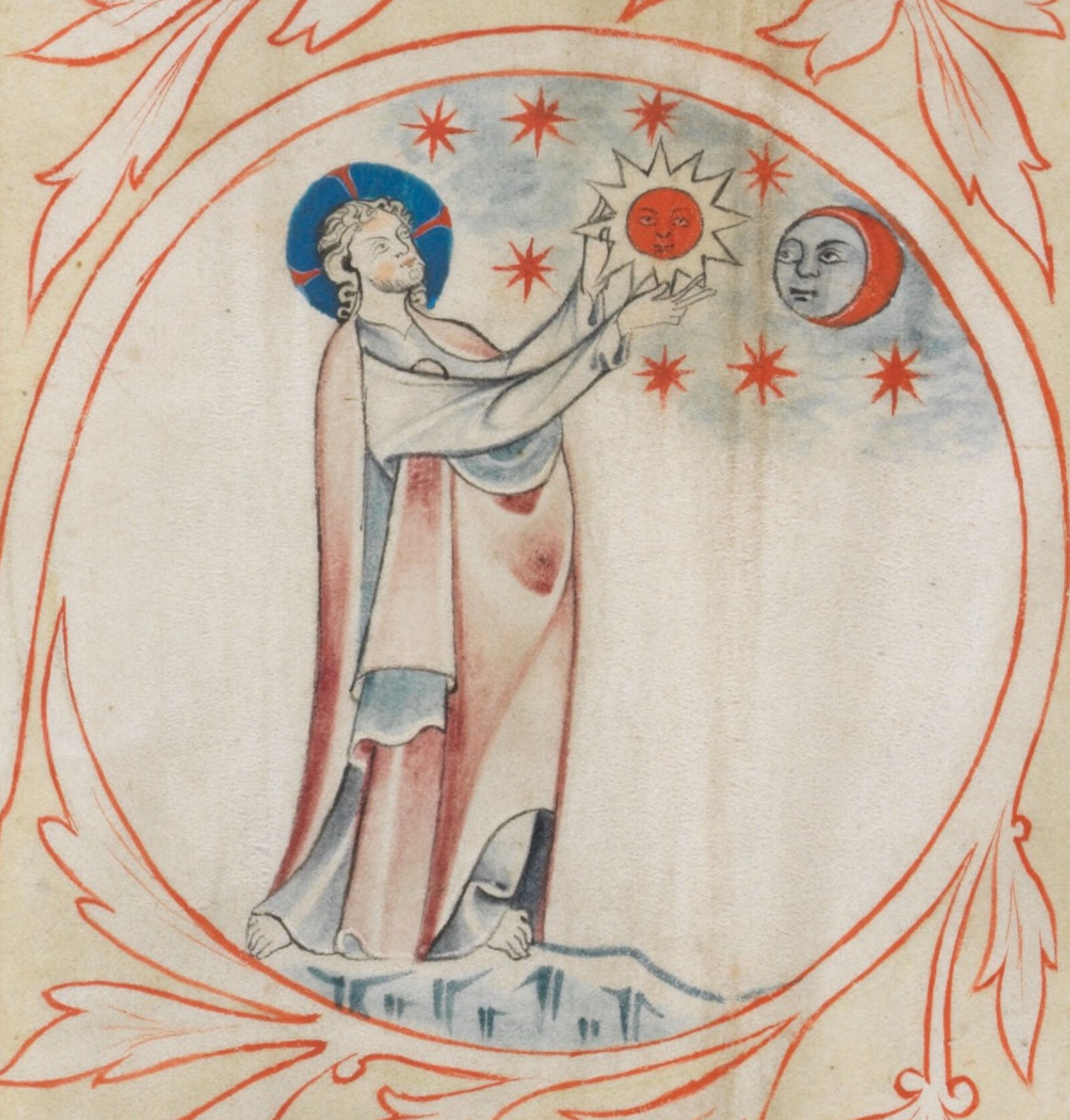 Die Bibelillustration zeigt den Weltenschöpfer bei der Erschaffung von Sonne, Mond und Sternen. Die stehende Gestalt Gottes entlässt die strahlende Sonne als Lichtquelle aus der Hand und setzt sie eigenhändig an den Himmel.