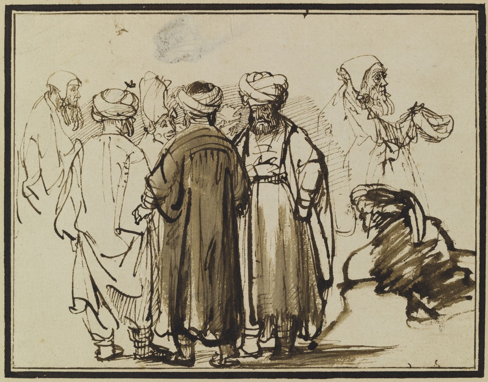 Rembrandt Harmensz van Rijn:  Group of Men in Oriental Apparel and Two Half-Length Studies of a Beggar,  ca. 1641–42, University of Warsaw Library