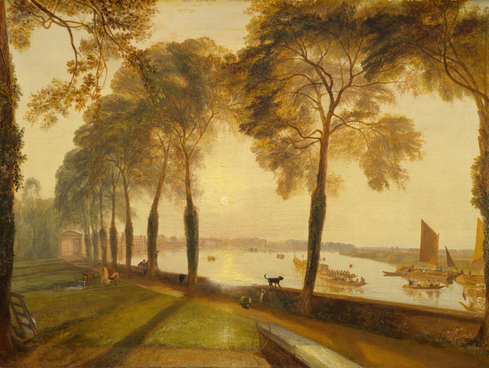 Kurz bevor William Turner sein Gemälde in der Royal Academy ausstellte, ergänzte er die Silhouette eines Hundes auf der Kaimauer. Das kleine Motiv betont noch die gleißende Sonnenbahn: Sie läuft direkt auf die Betrachtenden zu.