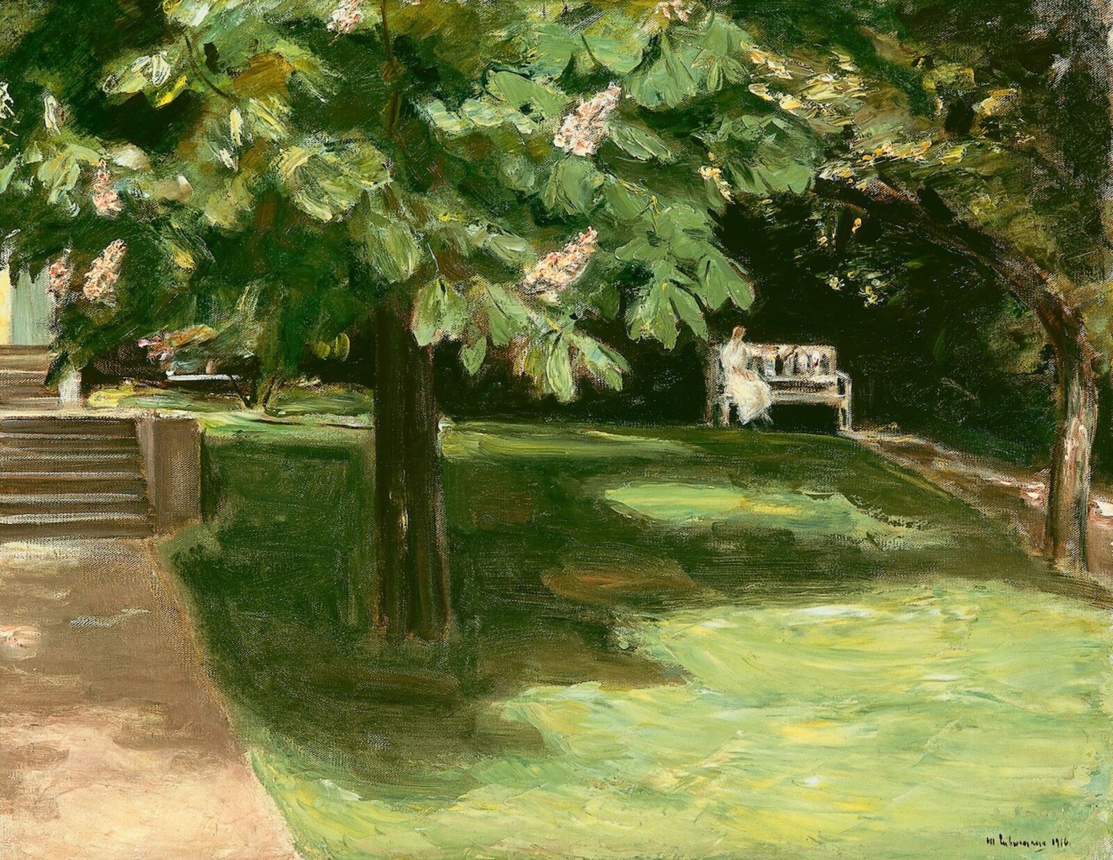  Max Liebermann,&nbsp; Garden Bench beneath the Chestnut Tree – Blooming Chestnuts , 1916 
