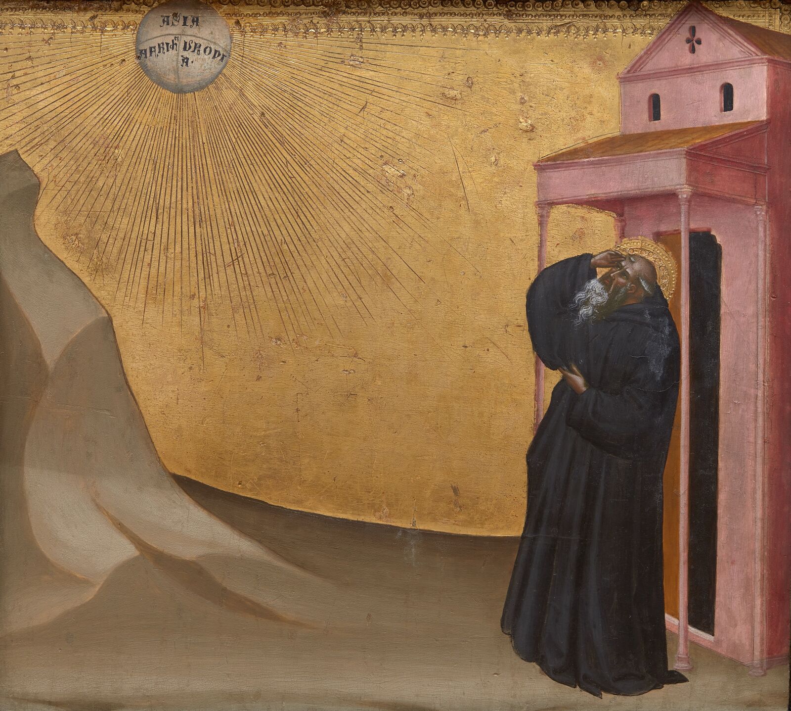 Der heilige Benedikt beschirmt seine Augen. Er wird einer Vision teilhaftig. Hoch oben steht hell und warm die Sonne. Das Blattgold des Himmels steht für das transzendentale Licht Gottes.