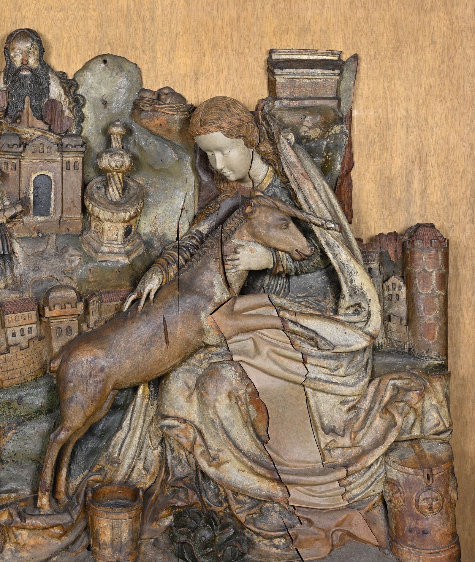 Tender embrace: the Virgin with a unicorn on a relief from a pilgrimage church in Thuringia.