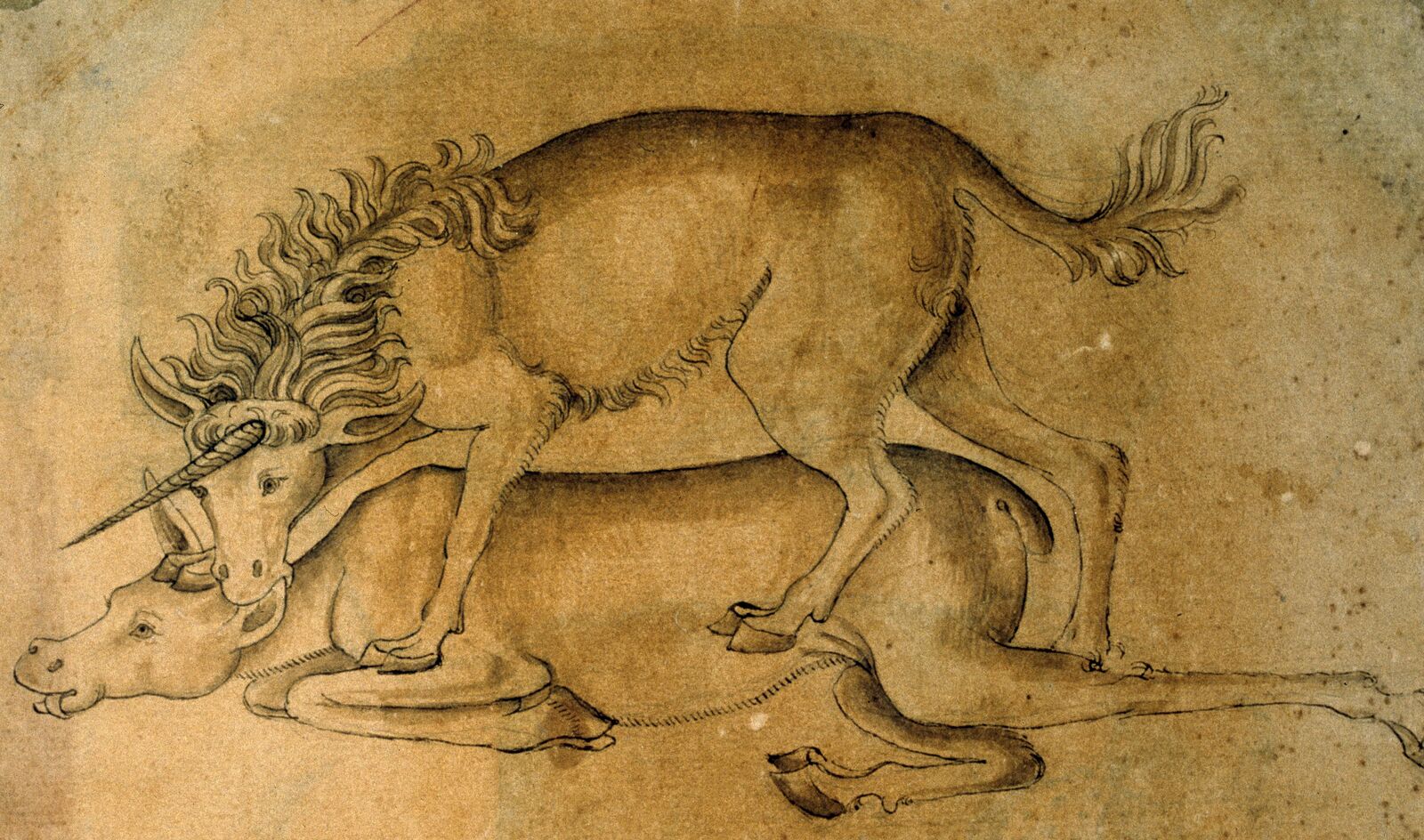 A unicorn brutally assaults a deer.