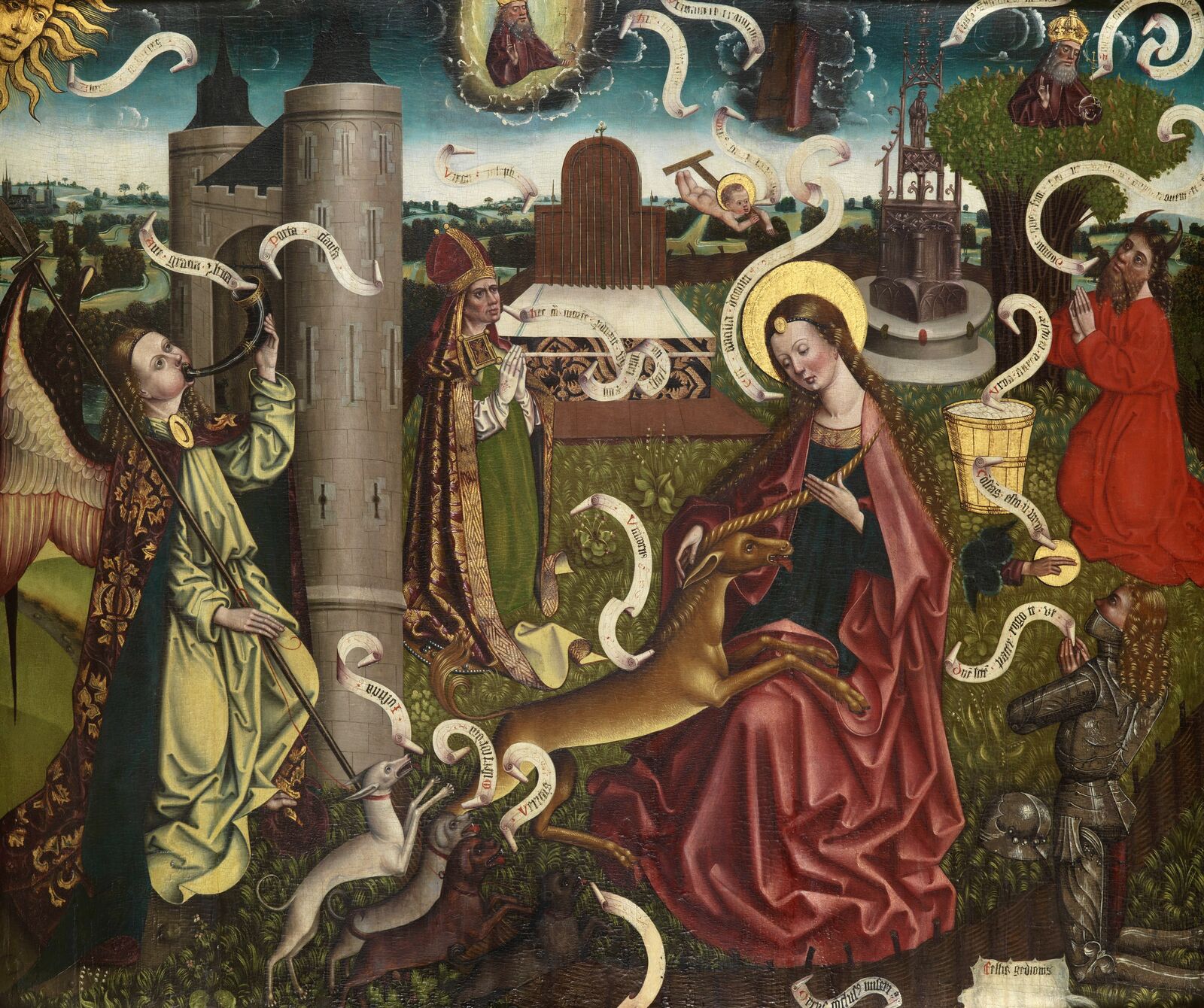 A unicorn from the cathedral of Erfurt: inscriptions on banderoles explain the complex symbolism of the monumental altarpiece.