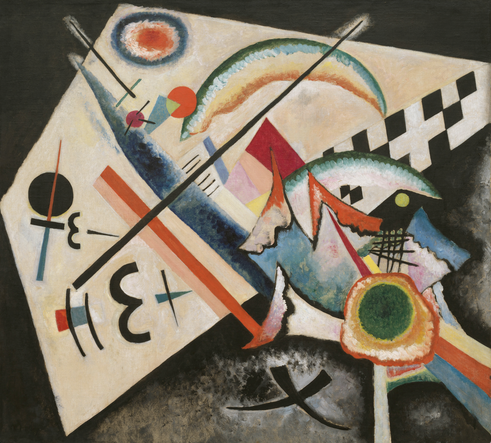In Wassily Kandinskys Bild Weißes Kreuz verweisen der Einsatz von Schwarz und Weiß sowie die Verwendung von Grundformen auf den Suprematismus von Kasimir Malewitsch.