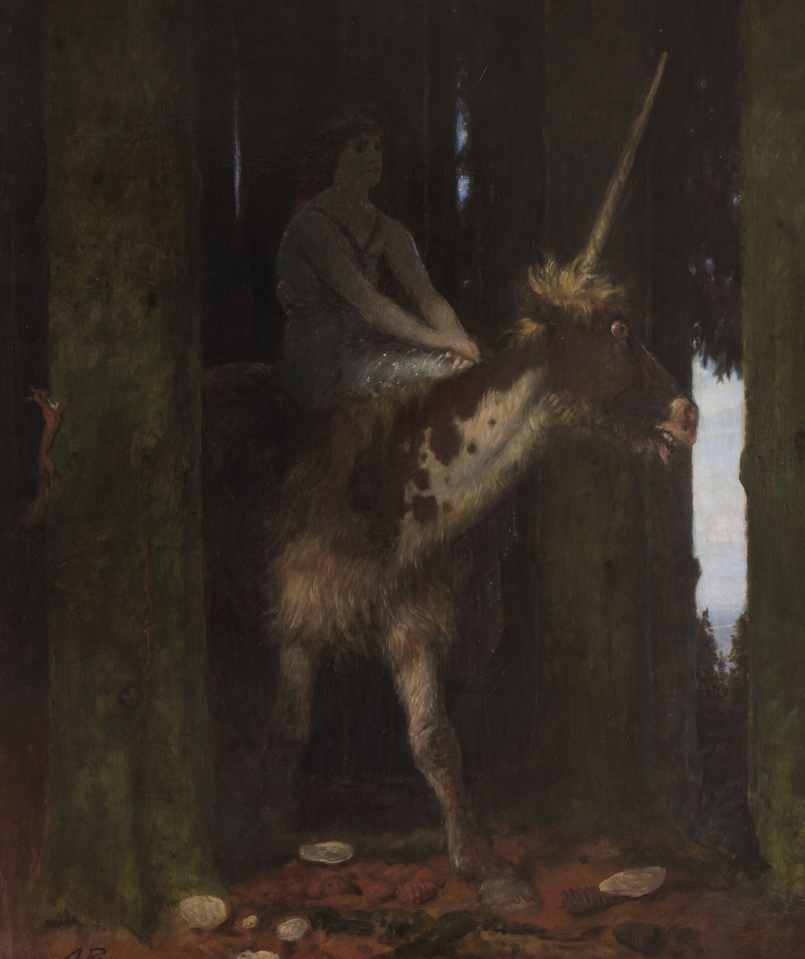 The unicorn steps into the light from a mysterious forest: Böcklin often combined the fantastical and the real with a touch of irony.