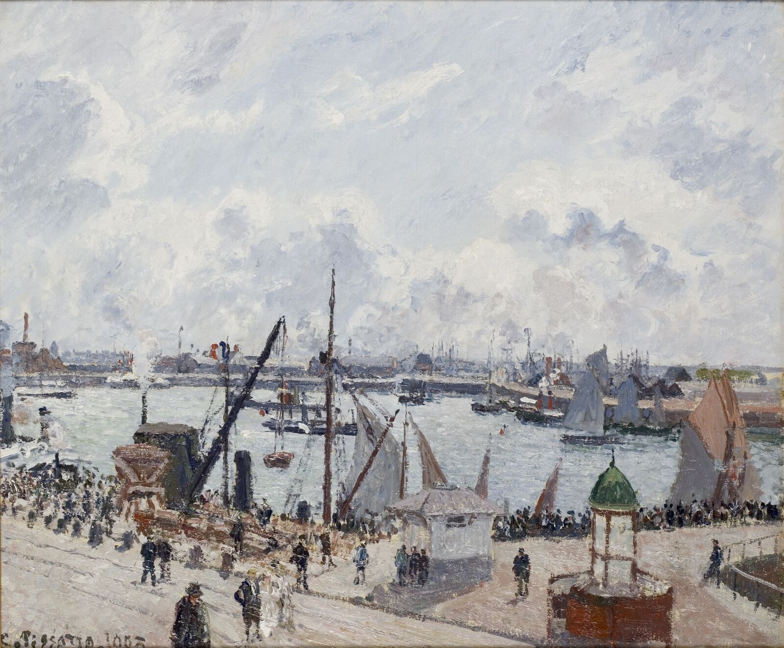  The life of a modern port, with spectators along the quay,&nbsp;and a public toilet in the foreground. 

