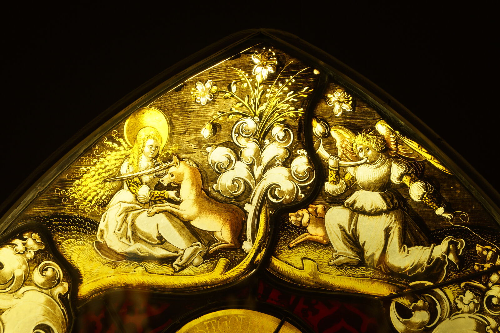 The mystic unicorn with the Virgin Mary on a glass painting from Freiburg.