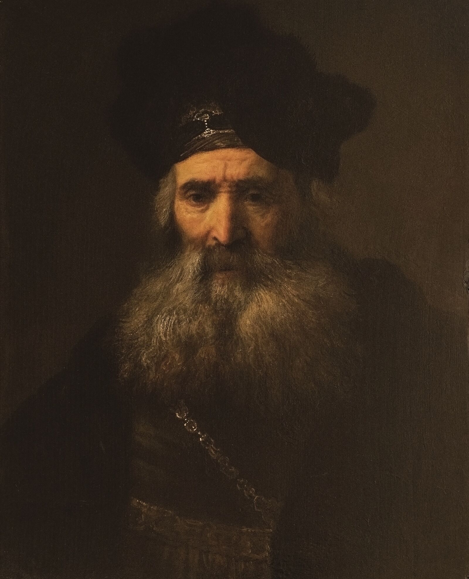 Rembrandt Harmensz van Rijn and workshop:  A Tronie of a Bearded Old Man in Middle Eastern Dress,  ca. 1635, Lent by the Earl of Derby