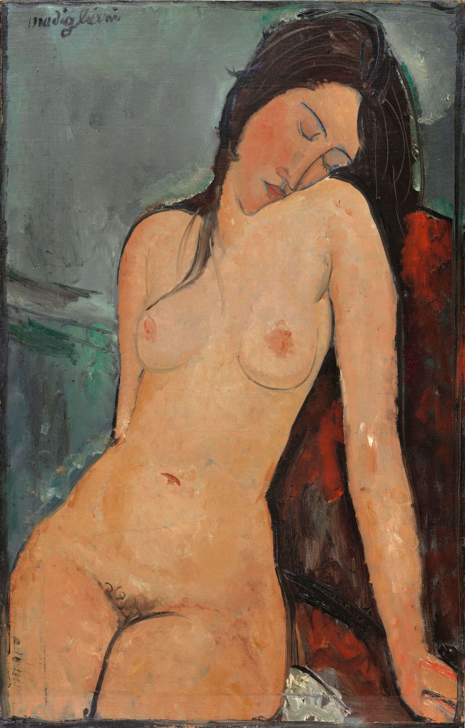 Als eines der ersten Bilder in der Serie seiner Akte malte Amedeo Modigliani diesen Sitzenden Akt . Die Dargestellte wirkt modern und unprätentiös – entsprechend dem neuen Schönheitsideal. 