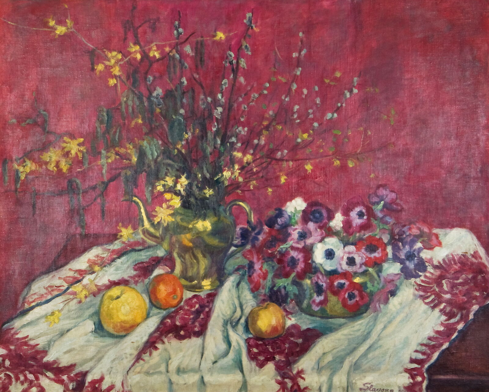  Maria Slavona,  Stillleben vor rotem Hintergrund , 1911, Stiftung Schlösschen im Hofgarten, Wertheim am Main 
