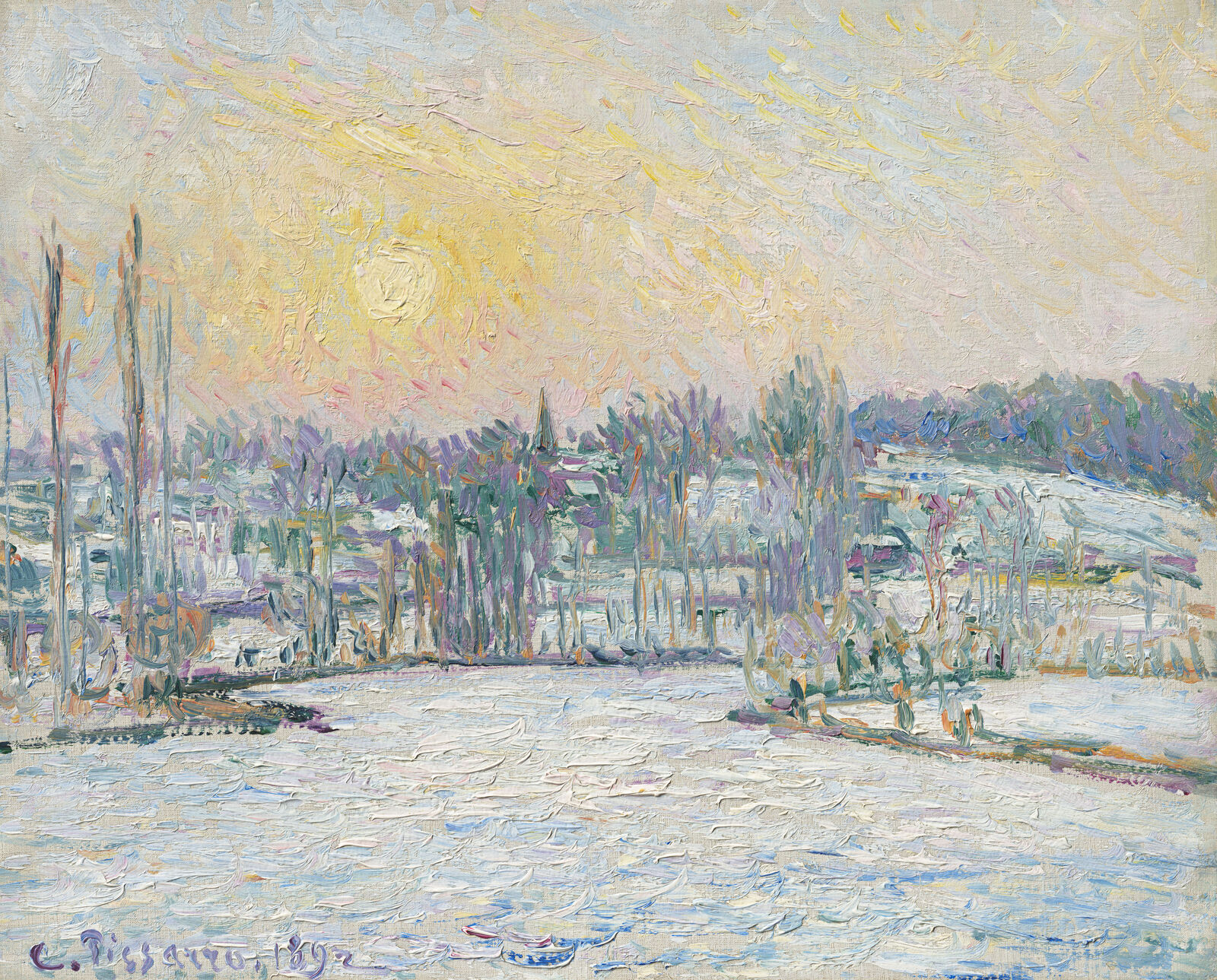Camille Pissarro:  View of Bazincourt, Snow Effect, Sunset,  1892